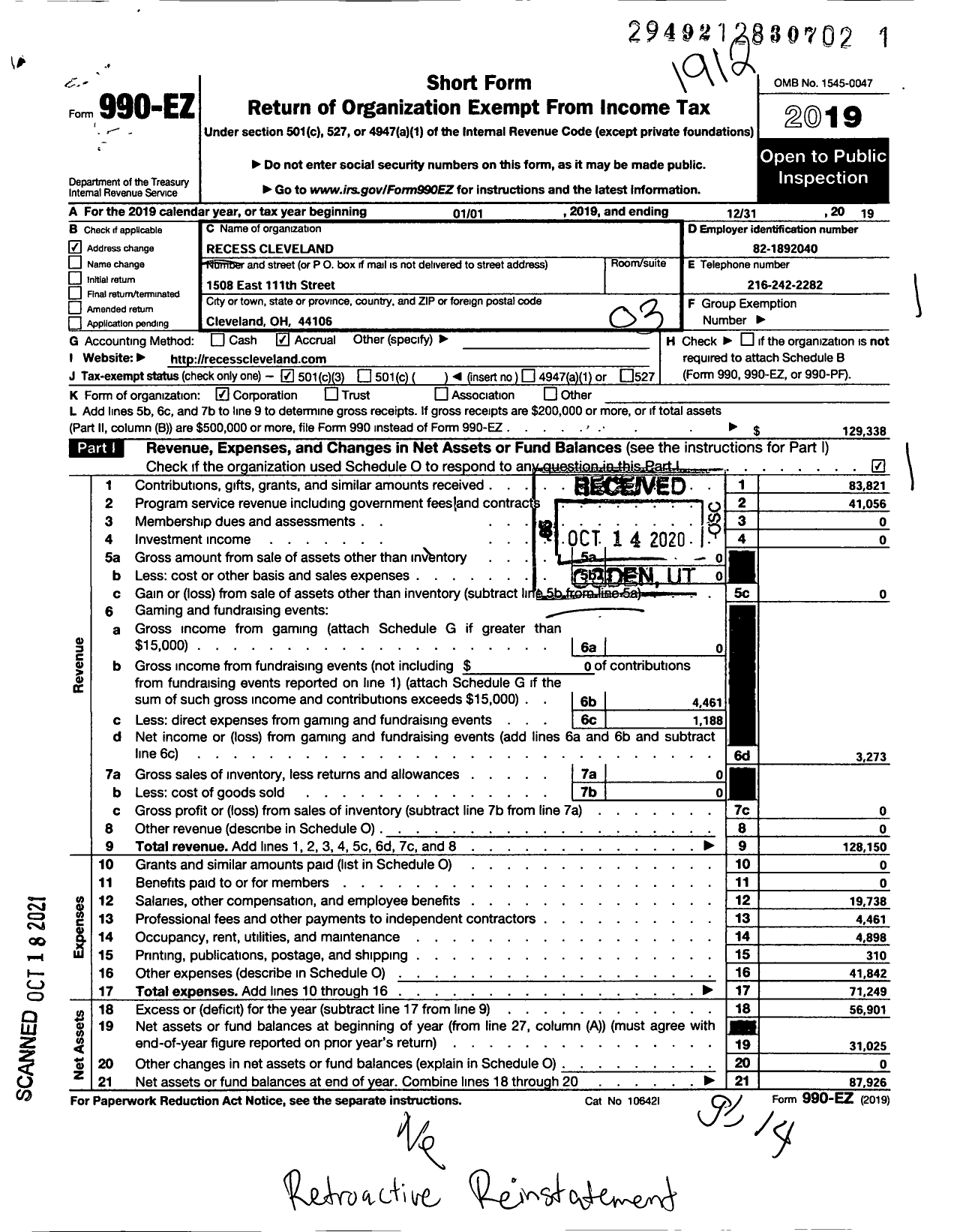 Image of first page of 2019 Form 990EZ for Restore Recess