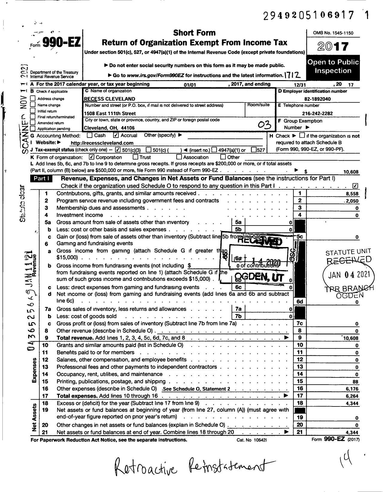 Image of first page of 2017 Form 990EZ for Restore Recess