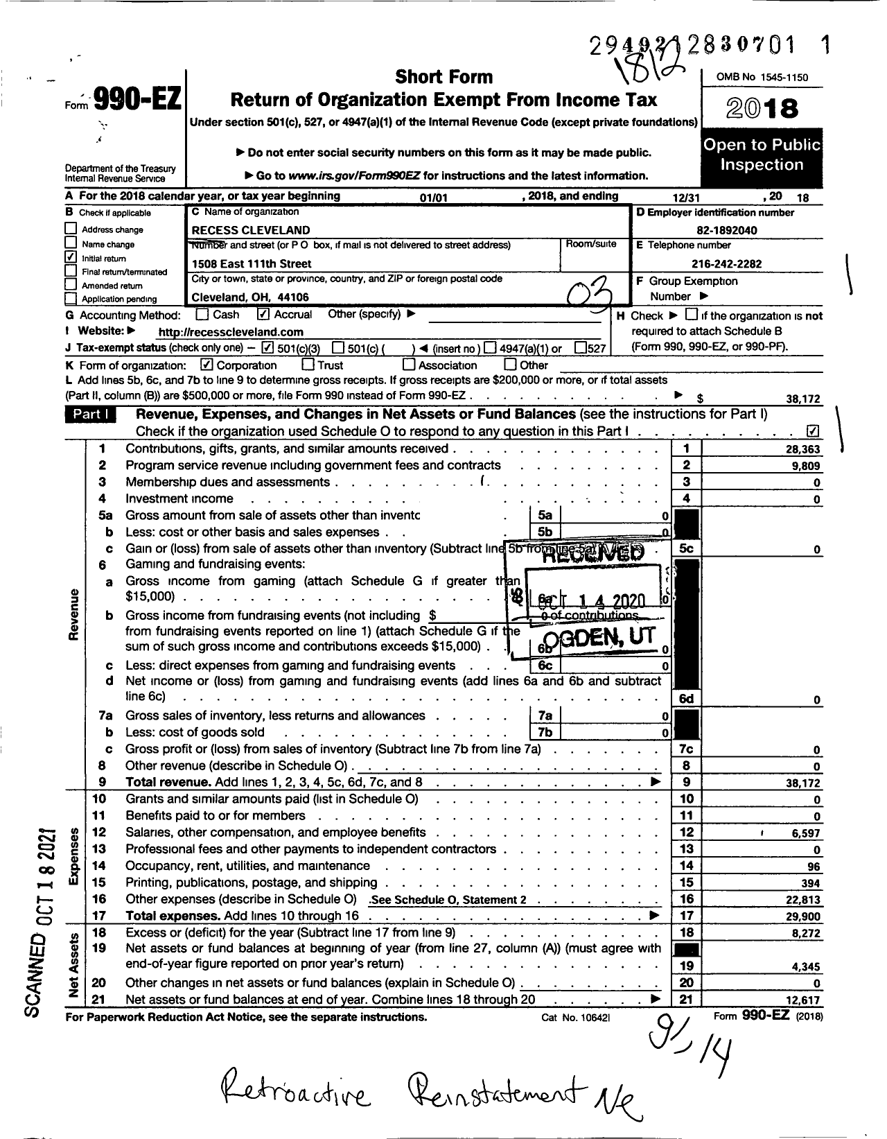 Image of first page of 2018 Form 990EZ for Restore Recess