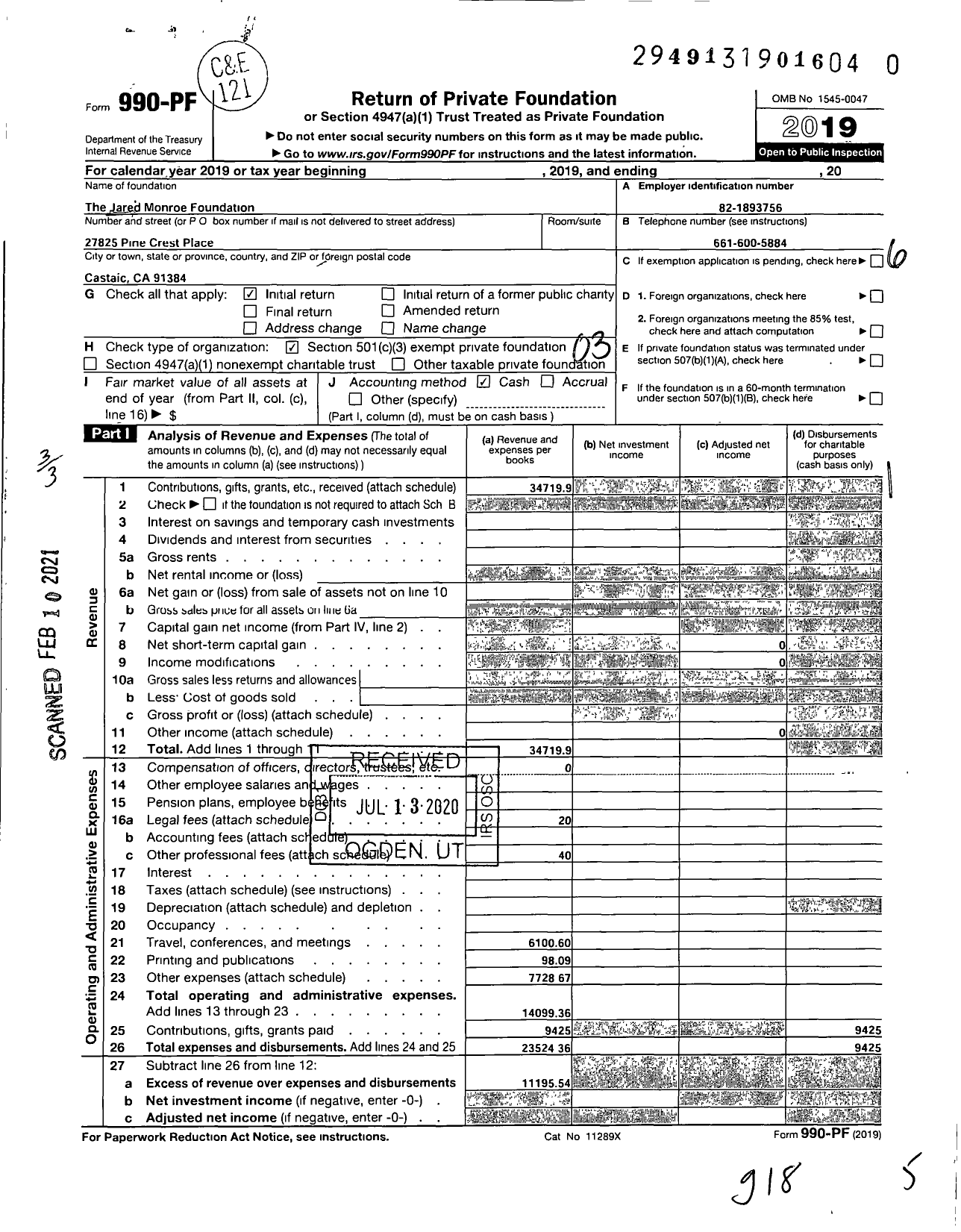 Image of first page of 2019 Form 990PF for Jared Monroe Foundation