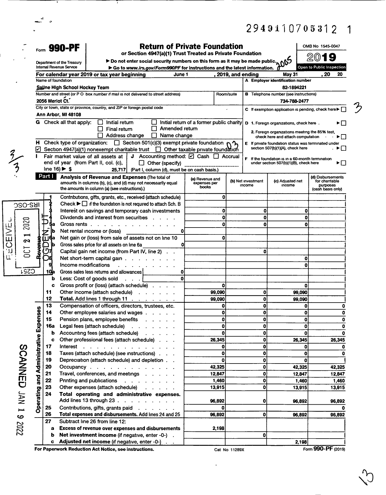 Image of first page of 2019 Form 990PF for Saline High School Hockey Team