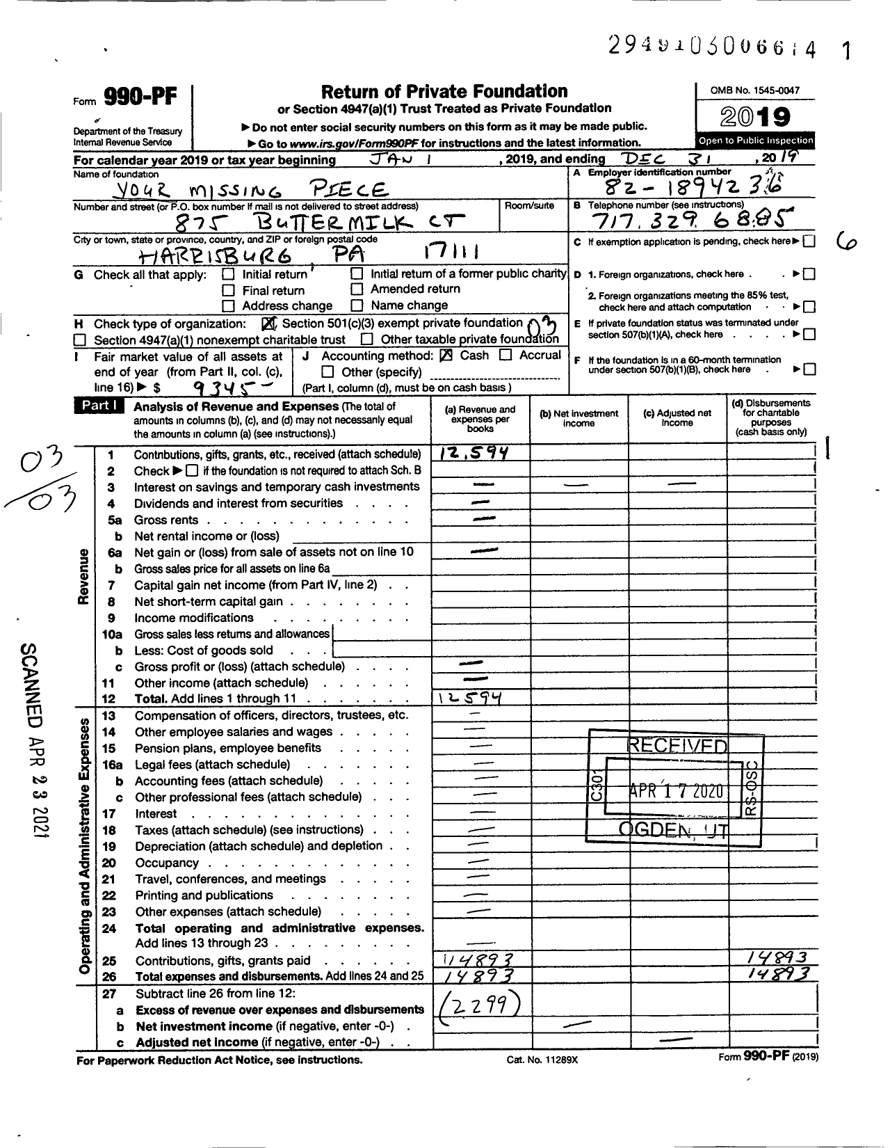 Image of first page of 2019 Form 990PF for Your Missing Piece