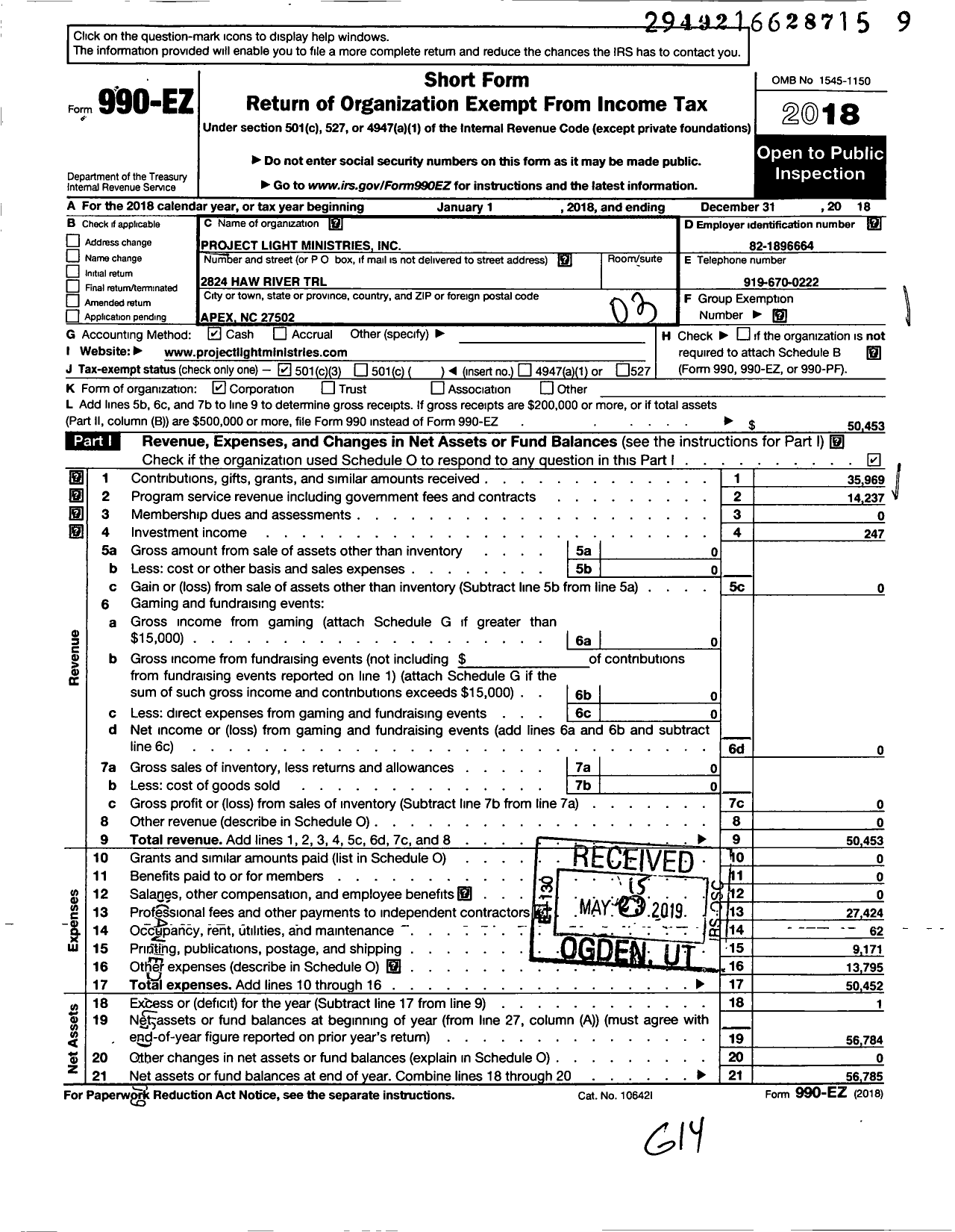 Image of first page of 2018 Form 990EZ for Project Light Ministries