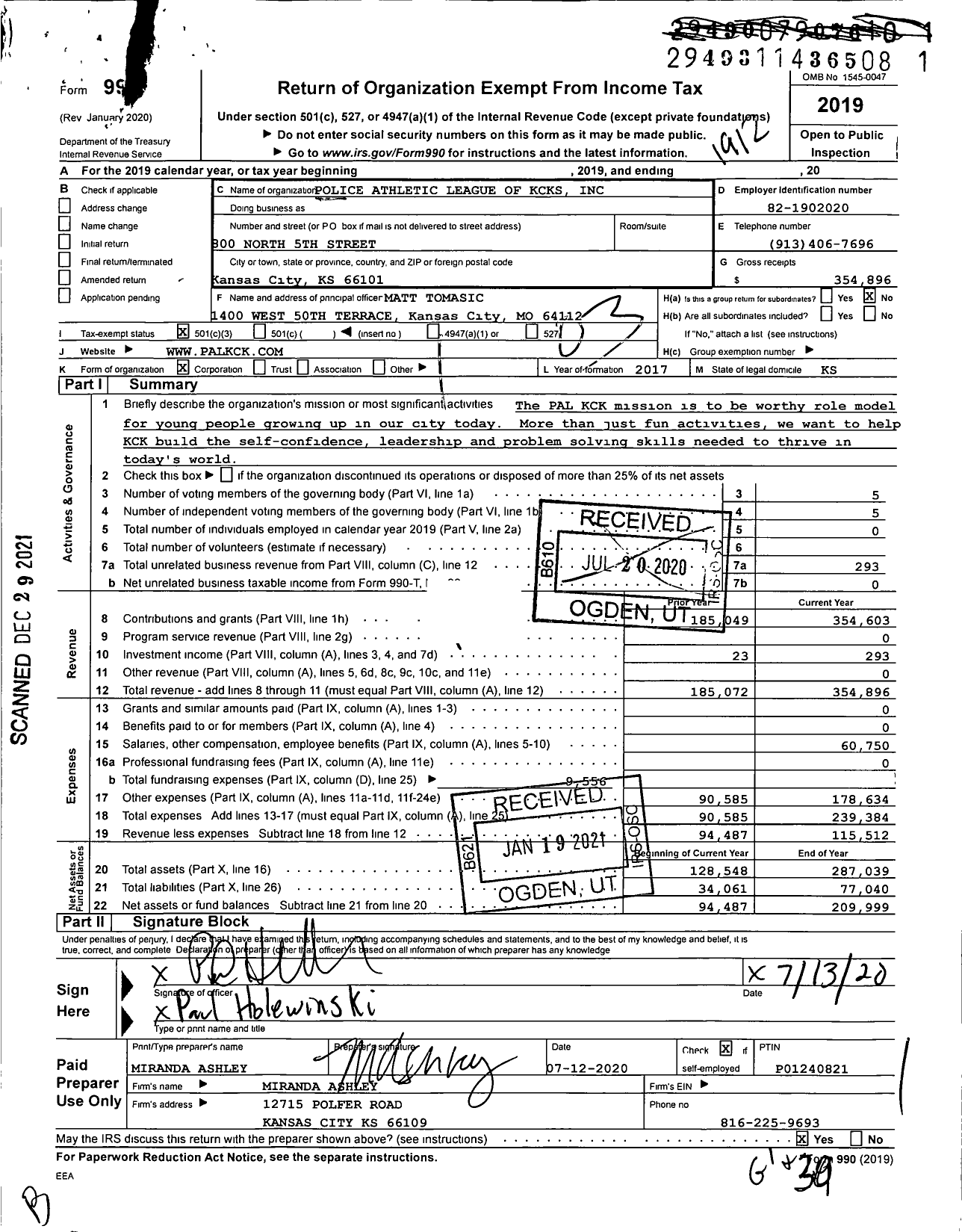 Image of first page of 2019 Form 990 for Police Athletic League of KCKS