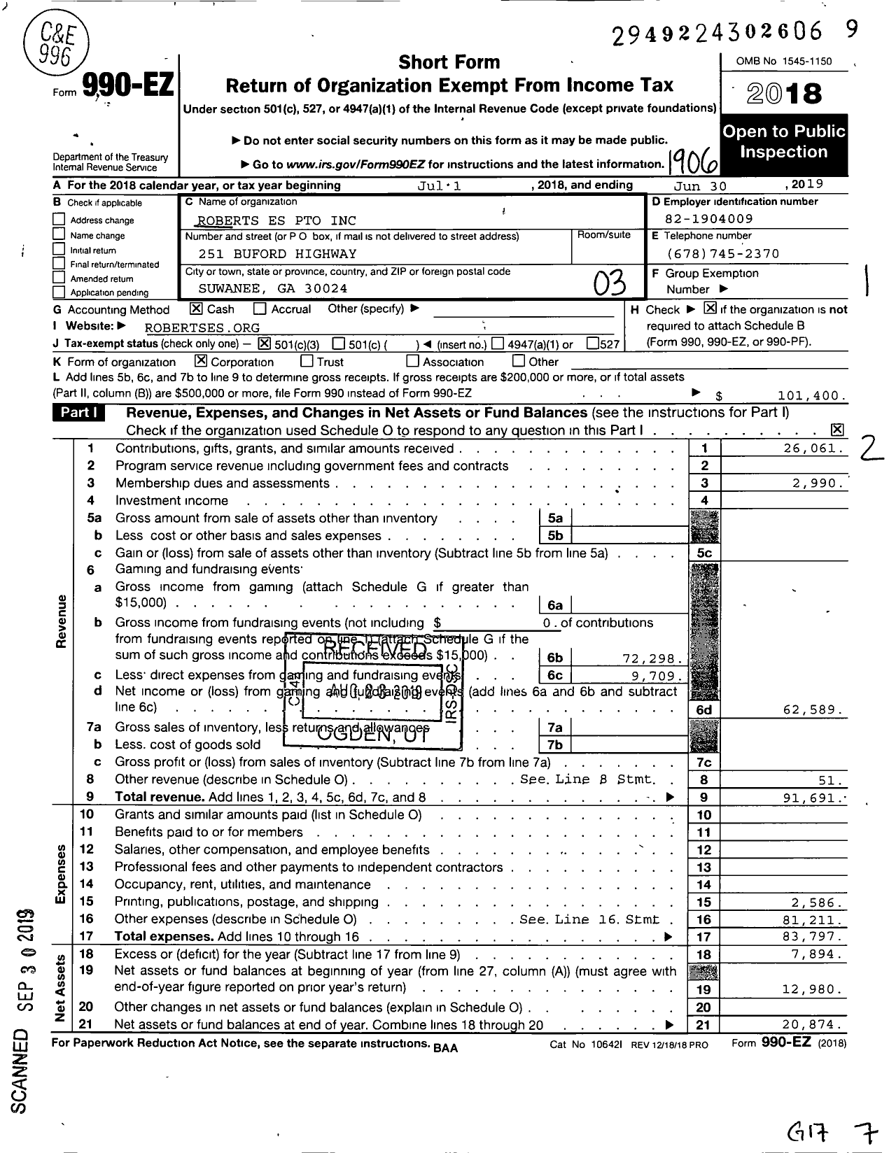 Image of first page of 2018 Form 990EZ for Roberts Es Pto