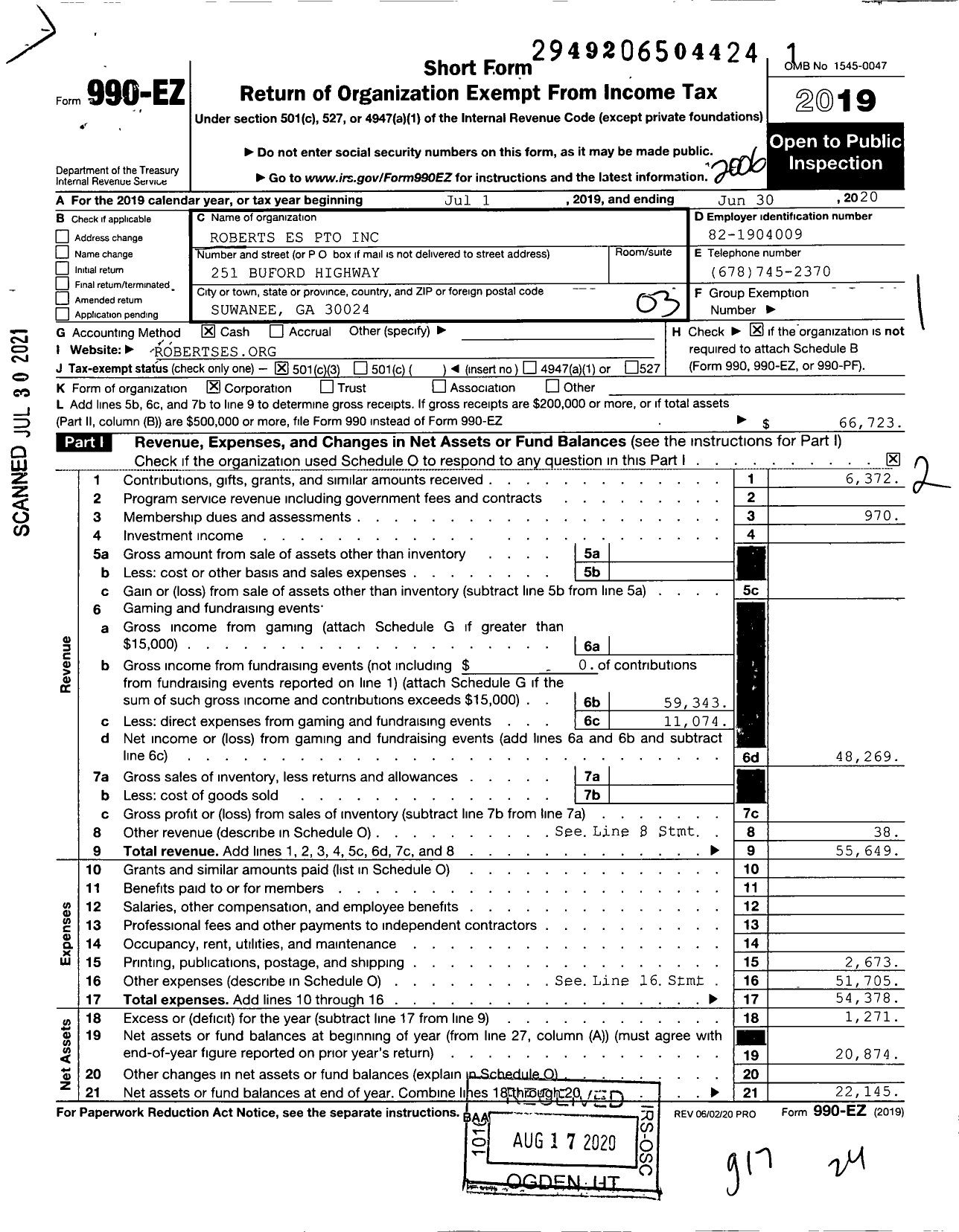 Image of first page of 2019 Form 990EZ for Roberts Es Pto