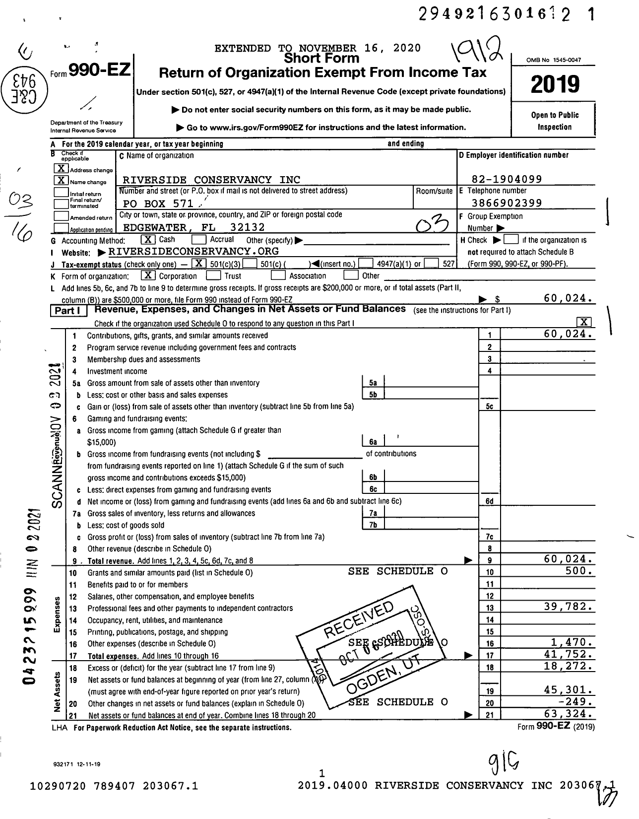 Image of first page of 2019 Form 990EZ for Riverside Conservancy