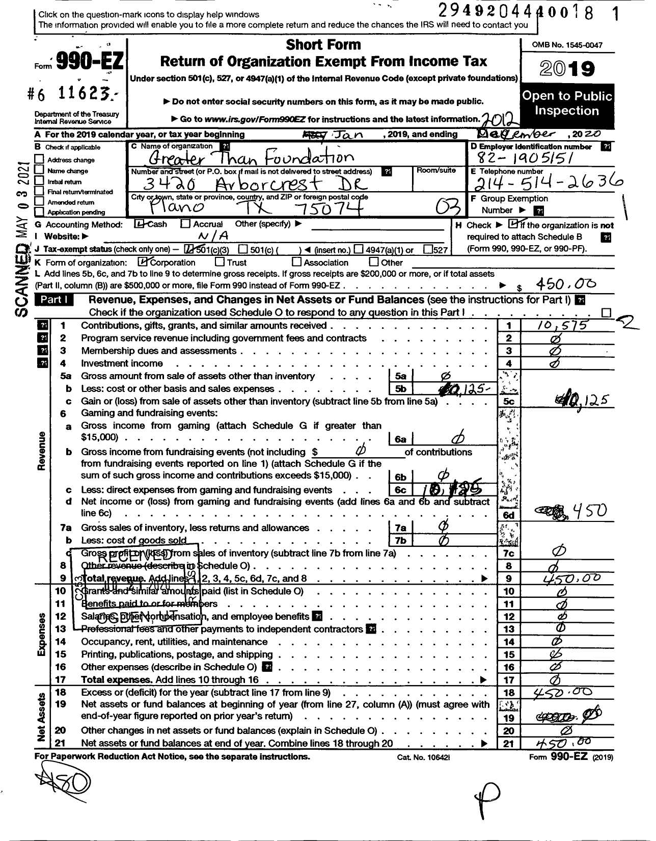 Image of first page of 2020 Form 990EZ for Greater Than Foundation