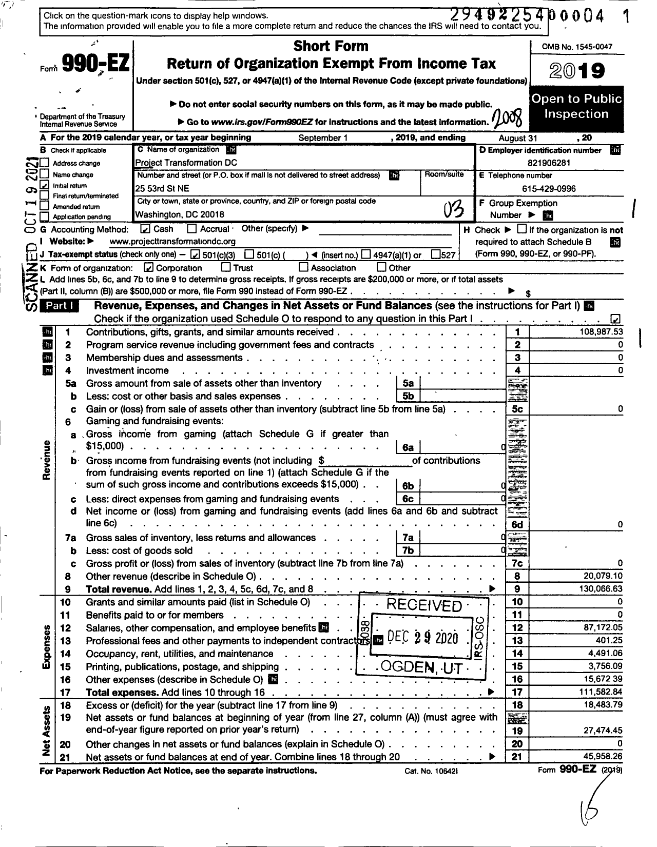 Image of first page of 2019 Form 990EZ for Project Transformation DC