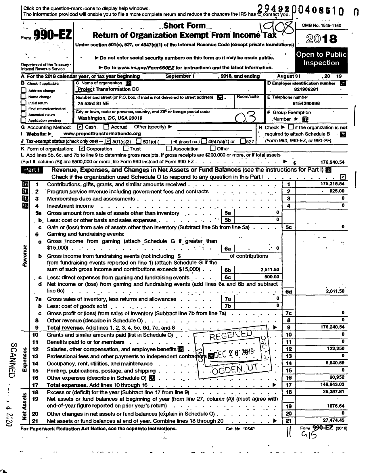 Image of first page of 2018 Form 990EZ for Project Transformation DC