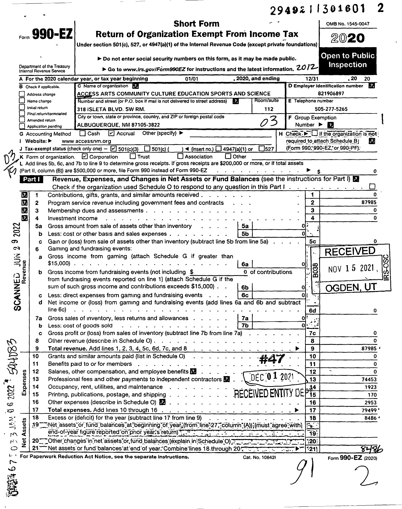 Image of first page of 2020 Form 990EZ for Access - Arts Community Culture Education Sports and Science