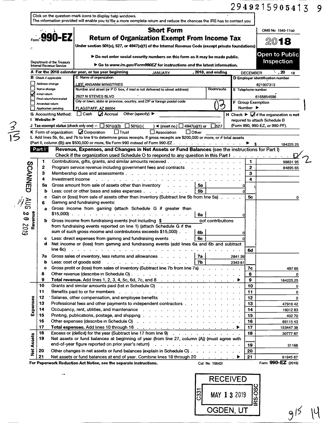 Image of first page of 2018 Form 990EZ for Life Ansanm Ministries