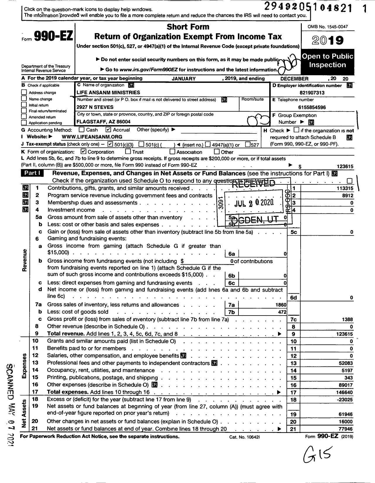 Image of first page of 2020 Form 990EZ for Life Ansanm Ministries