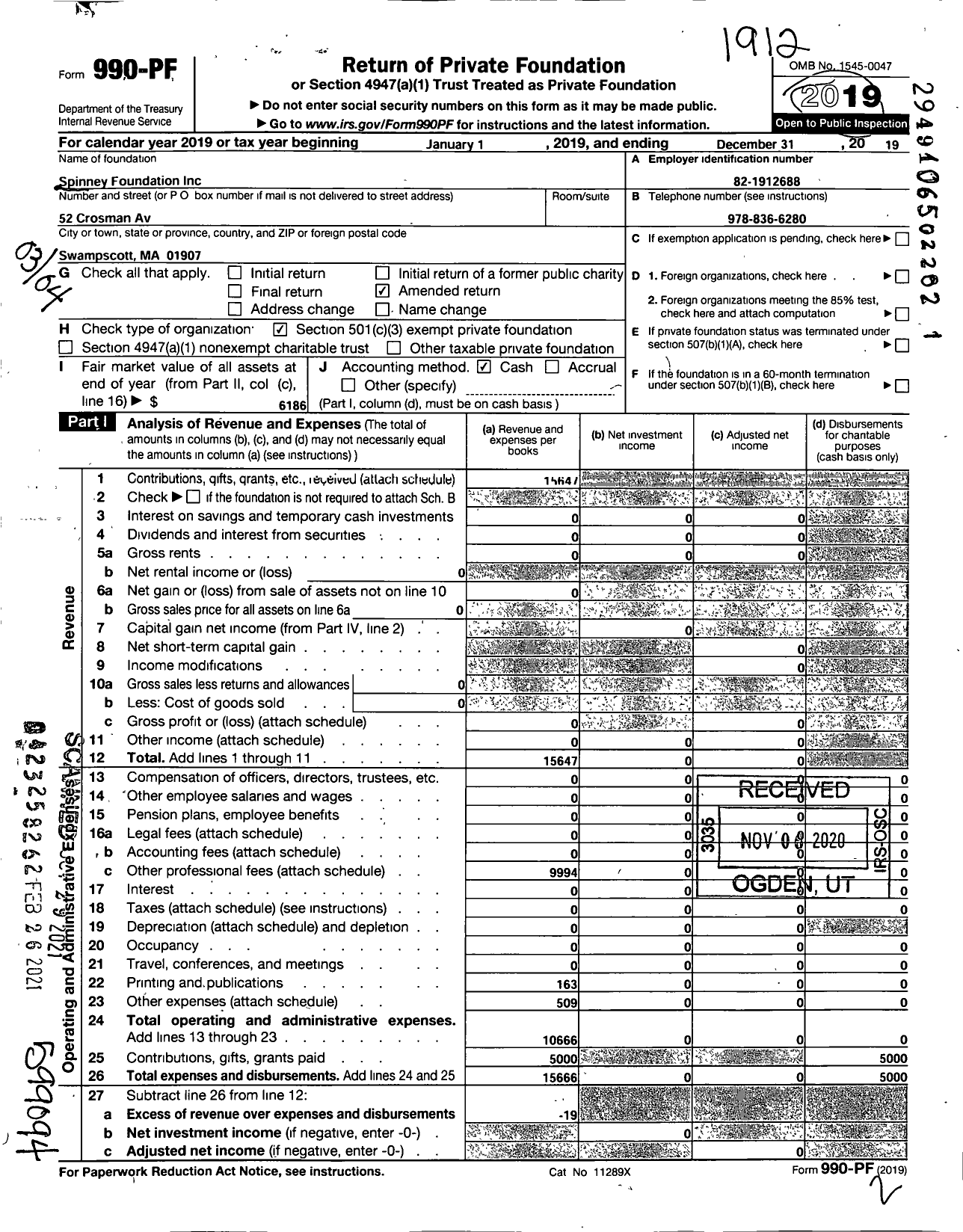 Image of first page of 2019 Form 990PF for Spinney Foundation