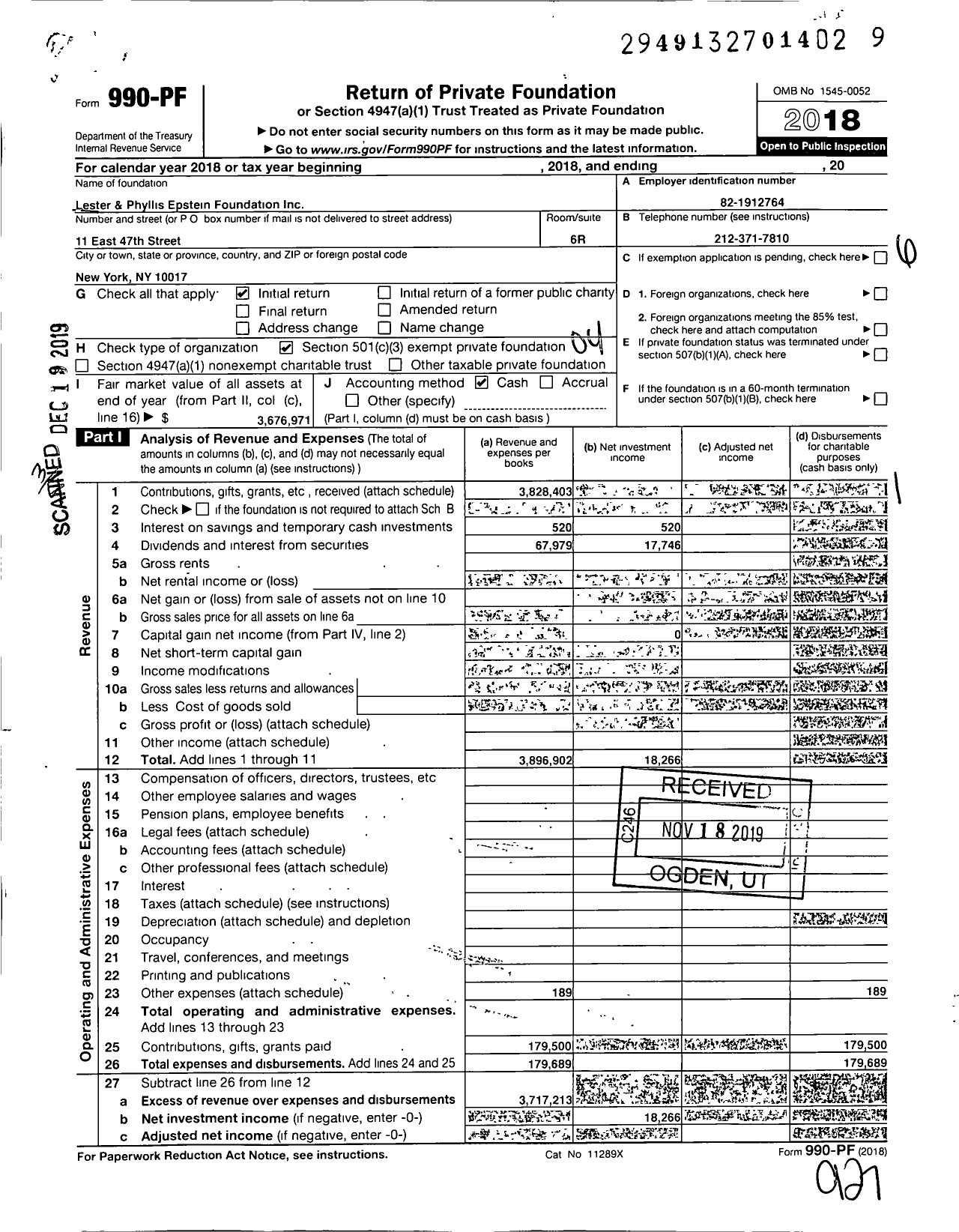 Image of first page of 2018 Form 990PF for Lester and Phyllis Epstein Foundation