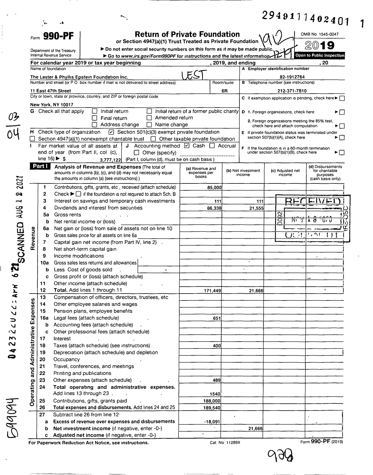 Image of first page of 2019 Form 990PF for Lester and Phyllis Epstein Foundation