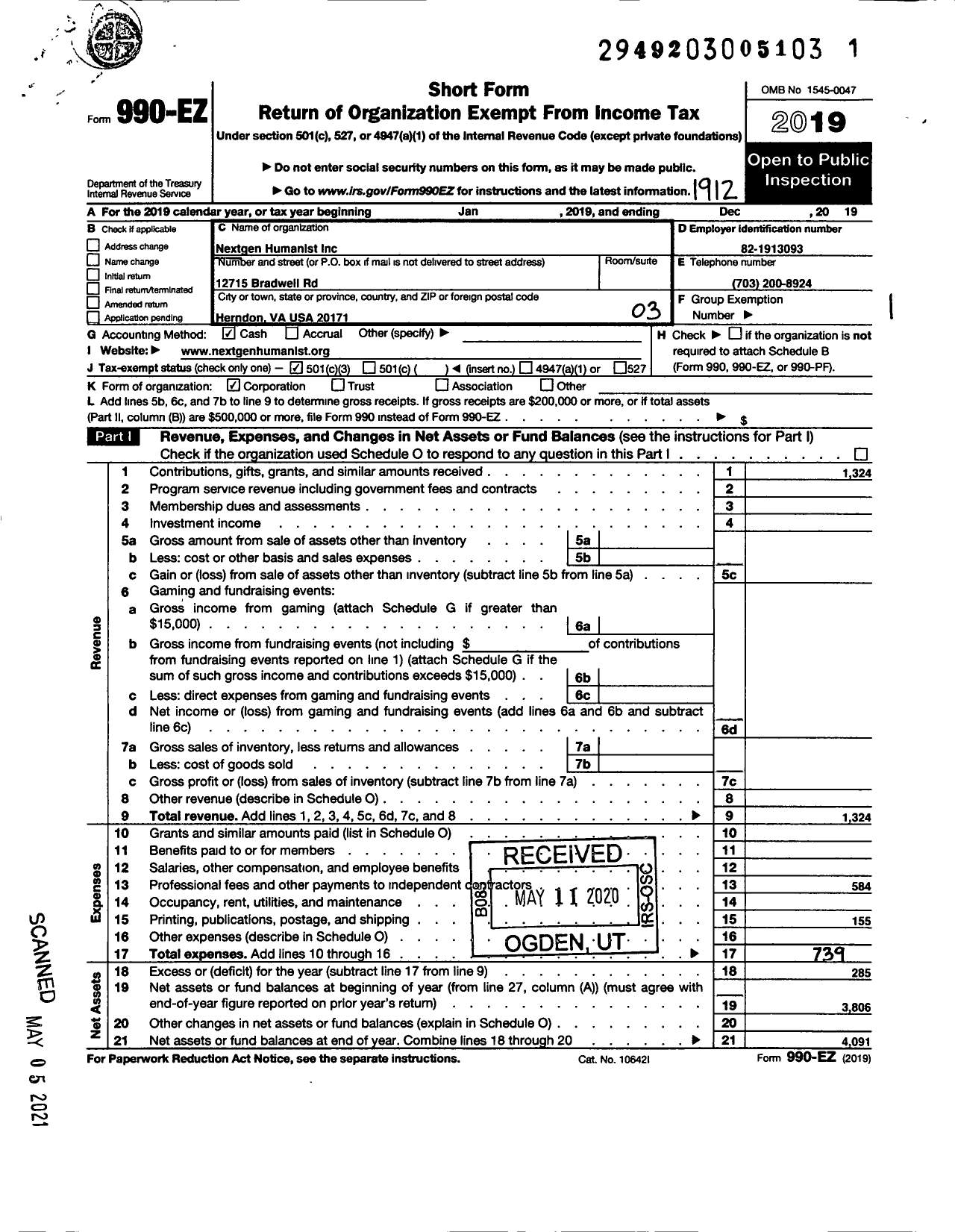 Image of first page of 2019 Form 990EZ for Nextgen Humanist