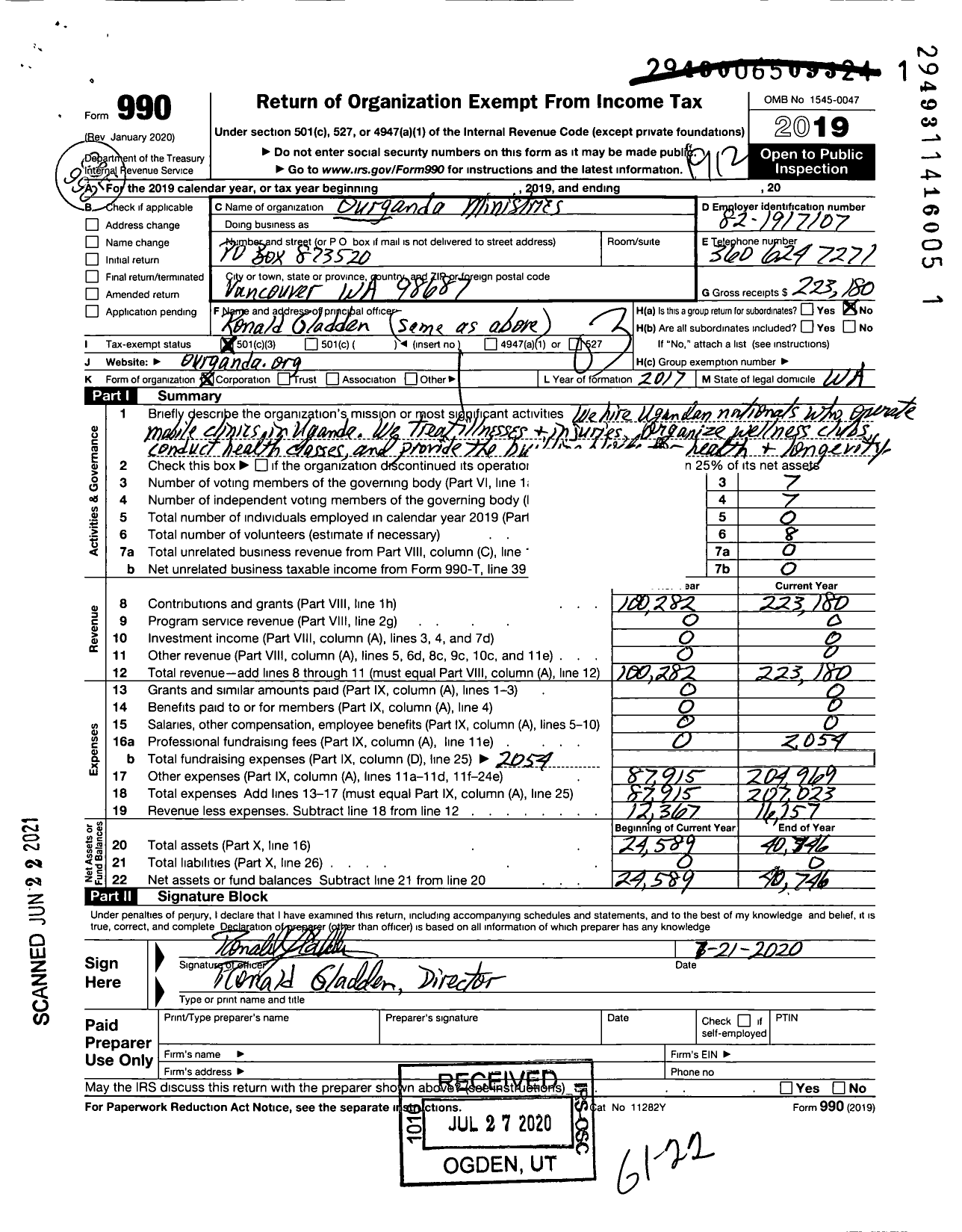 Image of first page of 2019 Form 990 for Ourganda Ministries