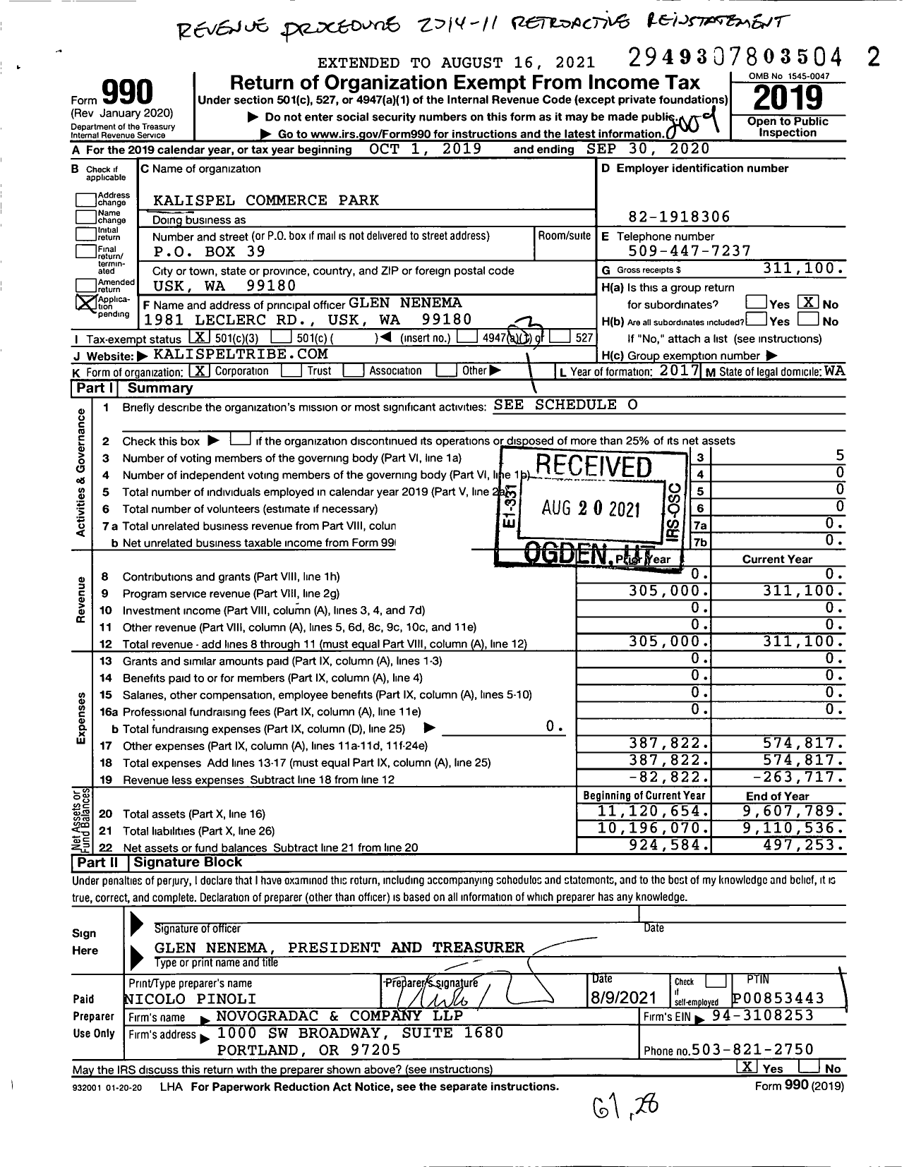 Image of first page of 2019 Form 990 for Kalispel Commerce Park