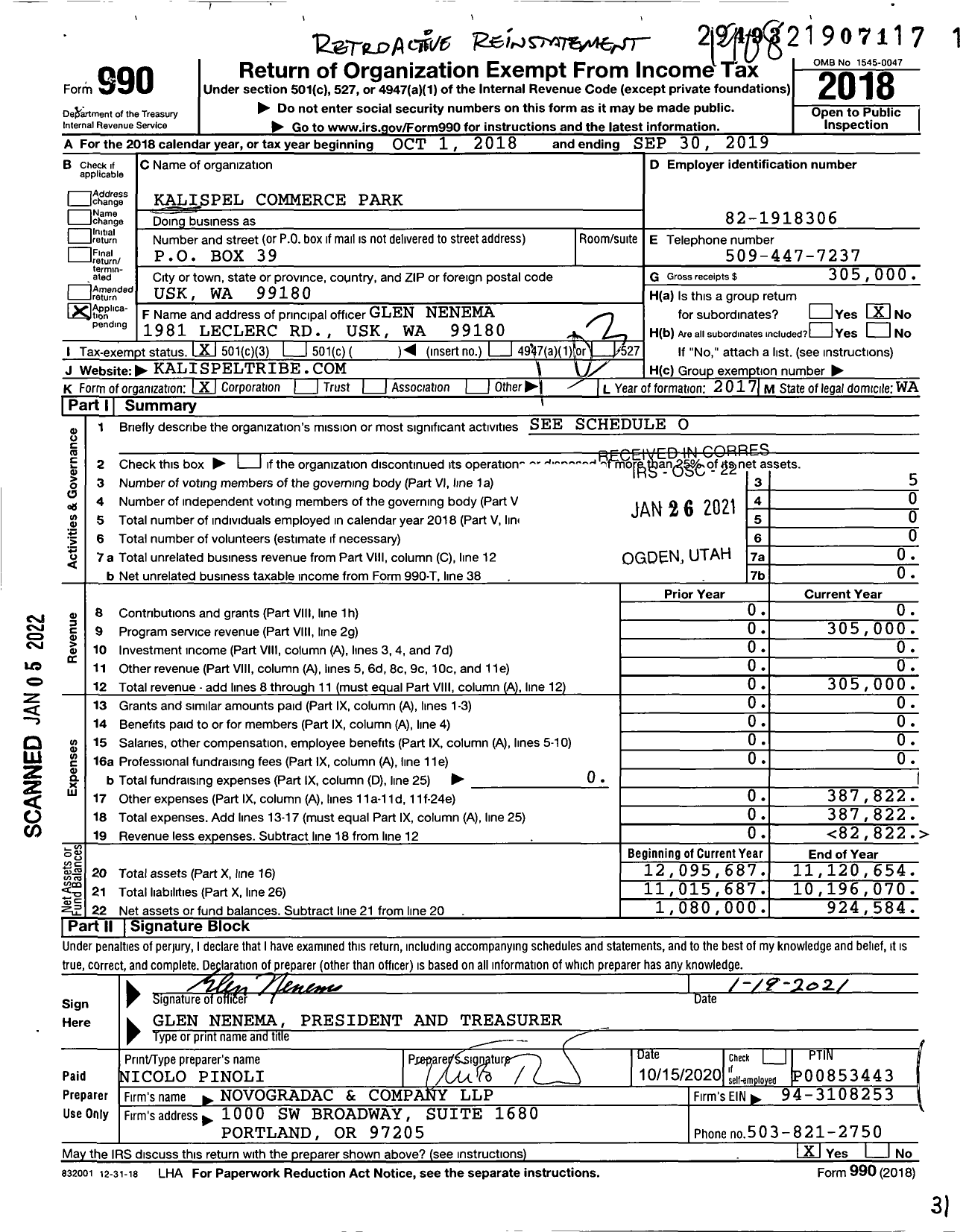 Image of first page of 2018 Form 990 for Kalispel Commerce Park