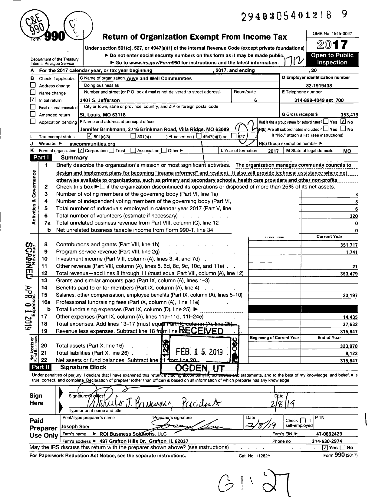 Image of first page of 2017 Form 990 for Alive and Well Communities