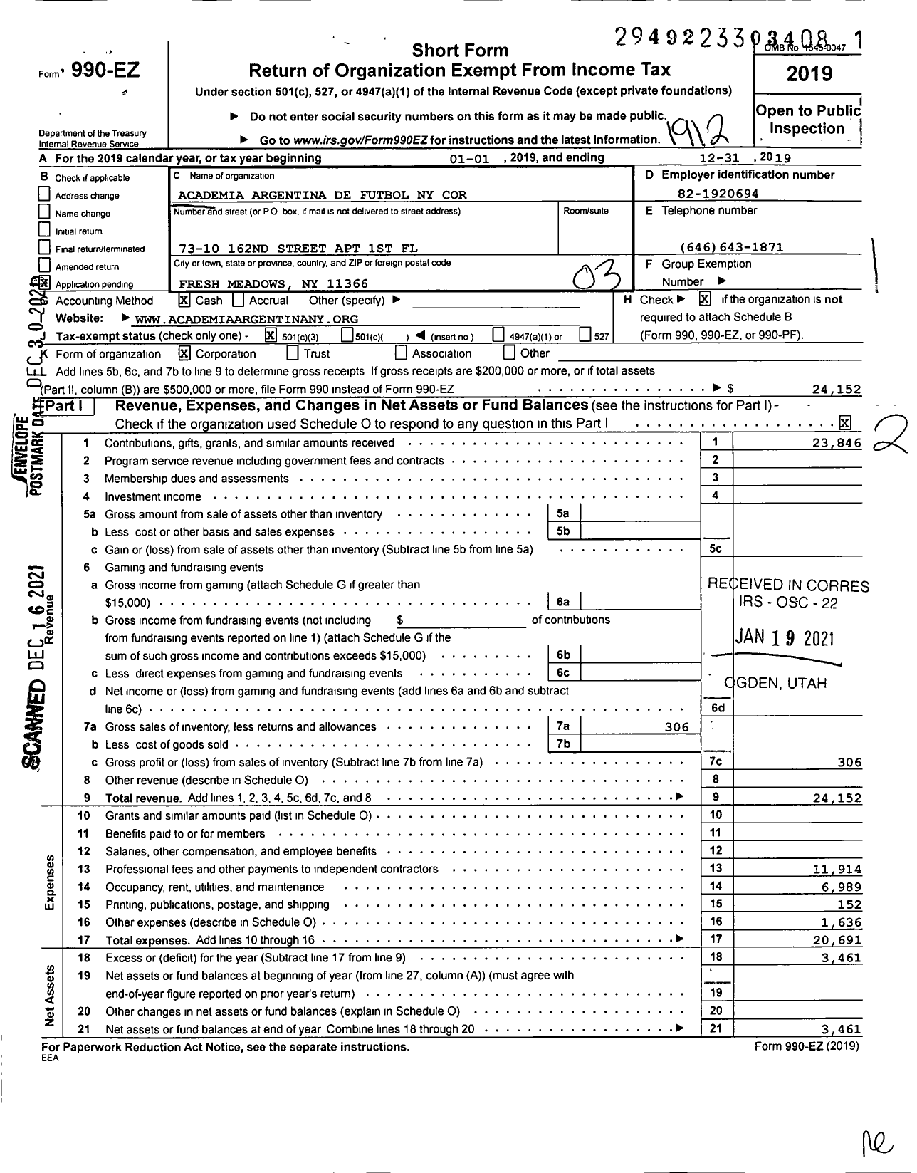 Image of first page of 2019 Form 990EZ for Academia Argentina de Futbol Ny Corporation