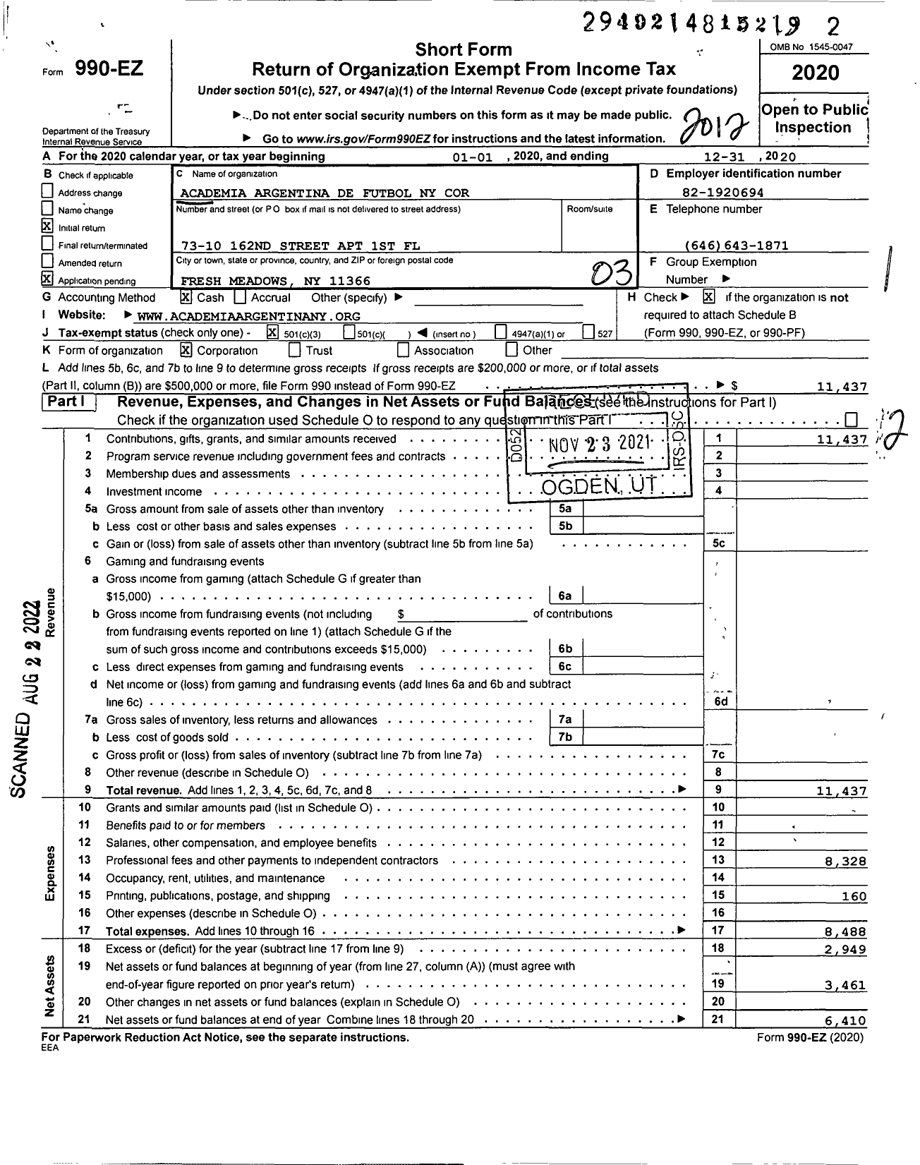 Image of first page of 2020 Form 990EZ for Academia Argentina de Futbol Ny Corporation