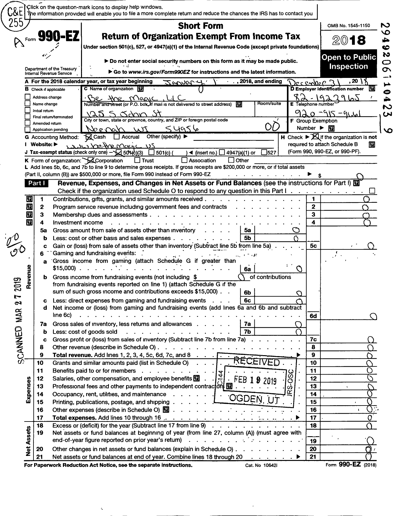 Image of first page of 2018 Form 990EO for Be the Magic LLC