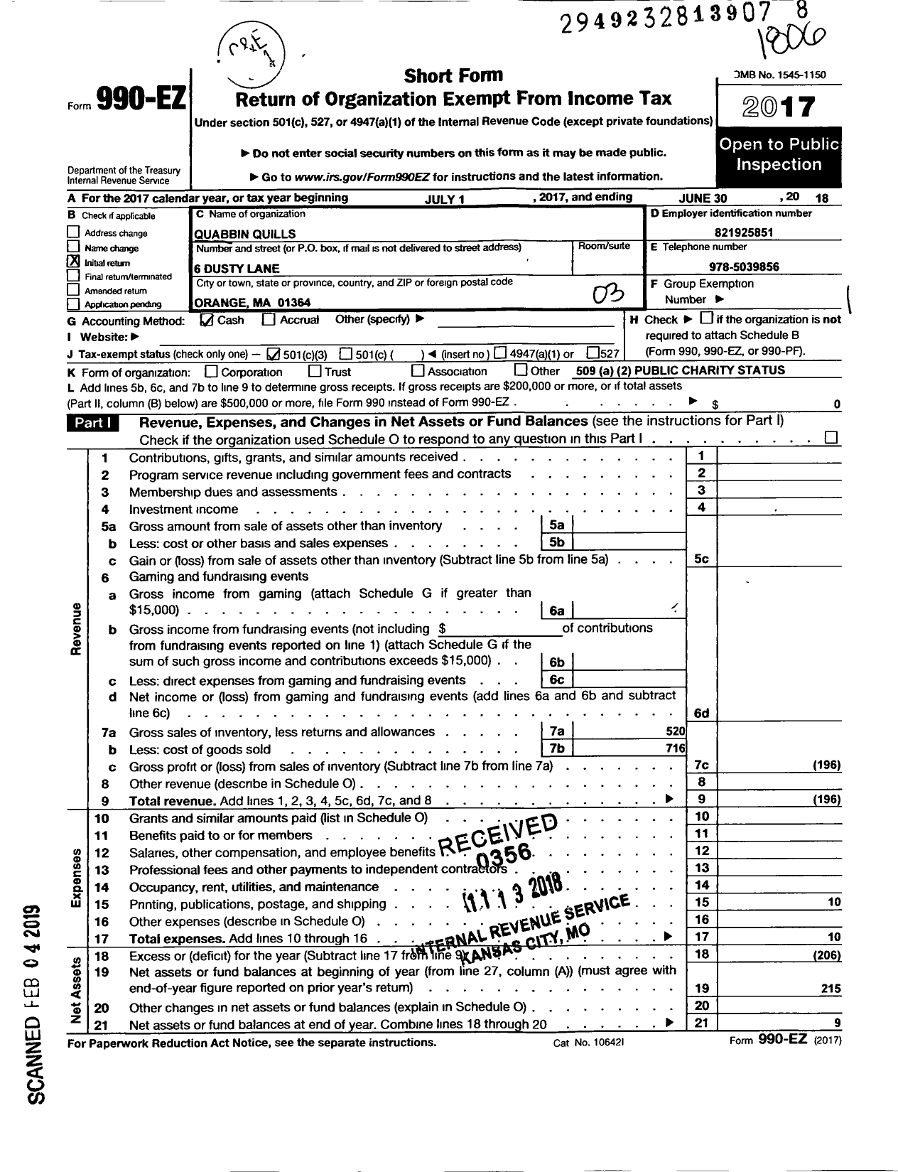 Image of first page of 2017 Form 990EZ for Quabbin Quills