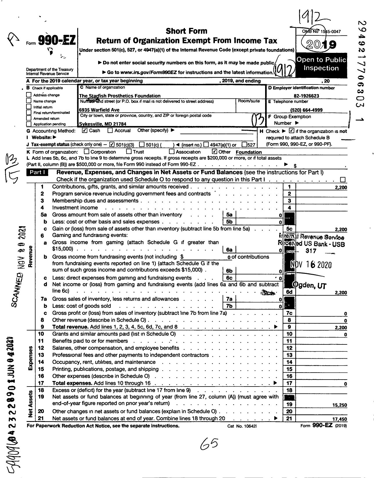 Image of first page of 2019 Form 990EZ for Starfish Prosthetics Foundation