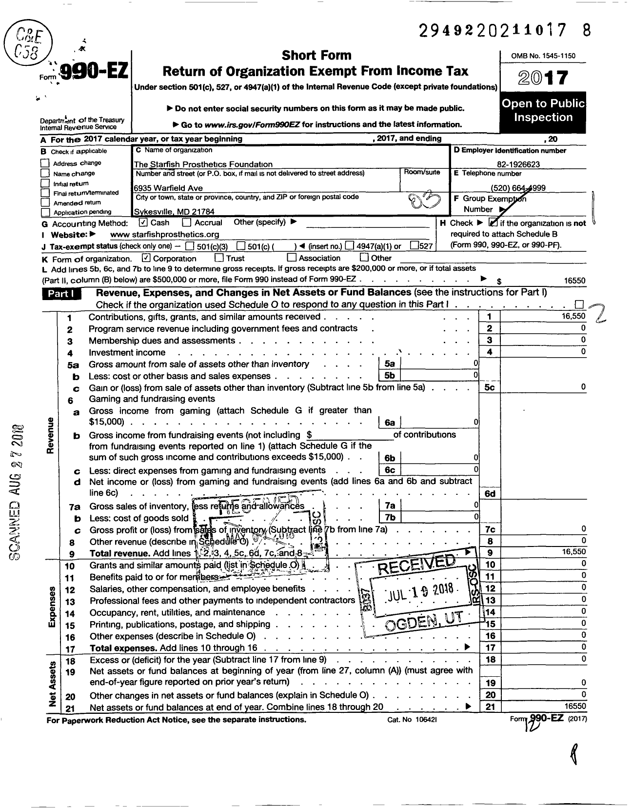 Image of first page of 2017 Form 990EZ for Starfish Prosthetics Foundation