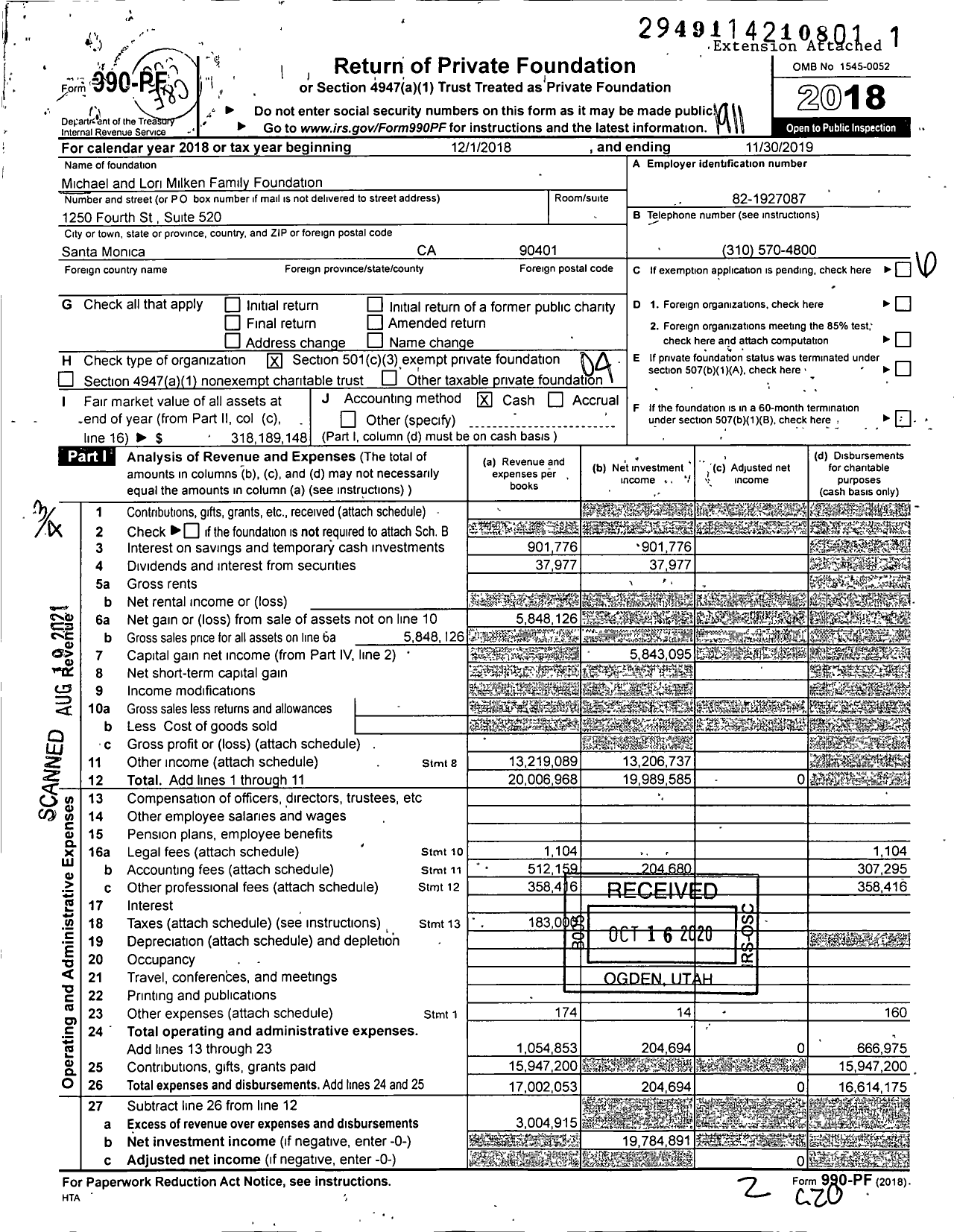 Image of first page of 2018 Form 990PF for The Michael and Lori Milken Family Foundation