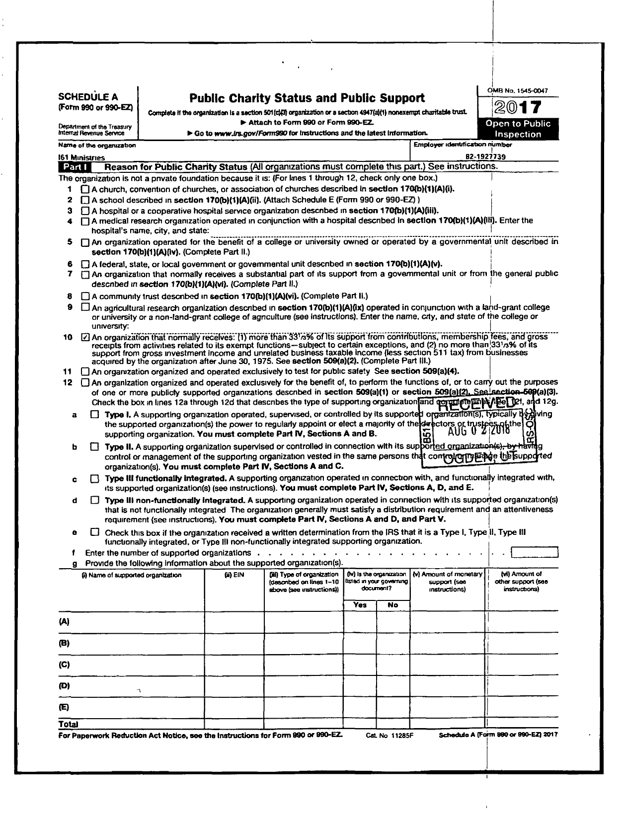 Image of first page of 2017 Form 990R for I61 Ministries