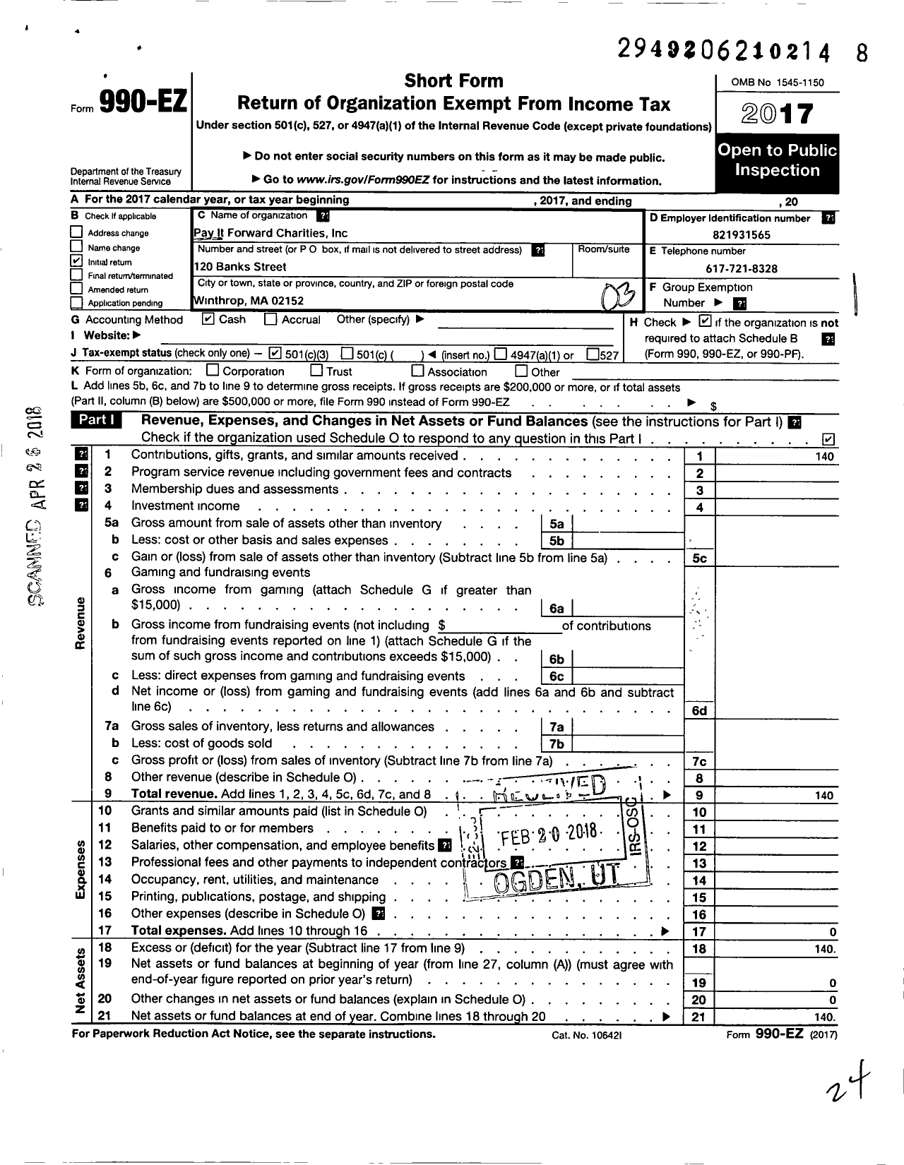 Image of first page of 2017 Form 990EZ for Pay It Forward Charities