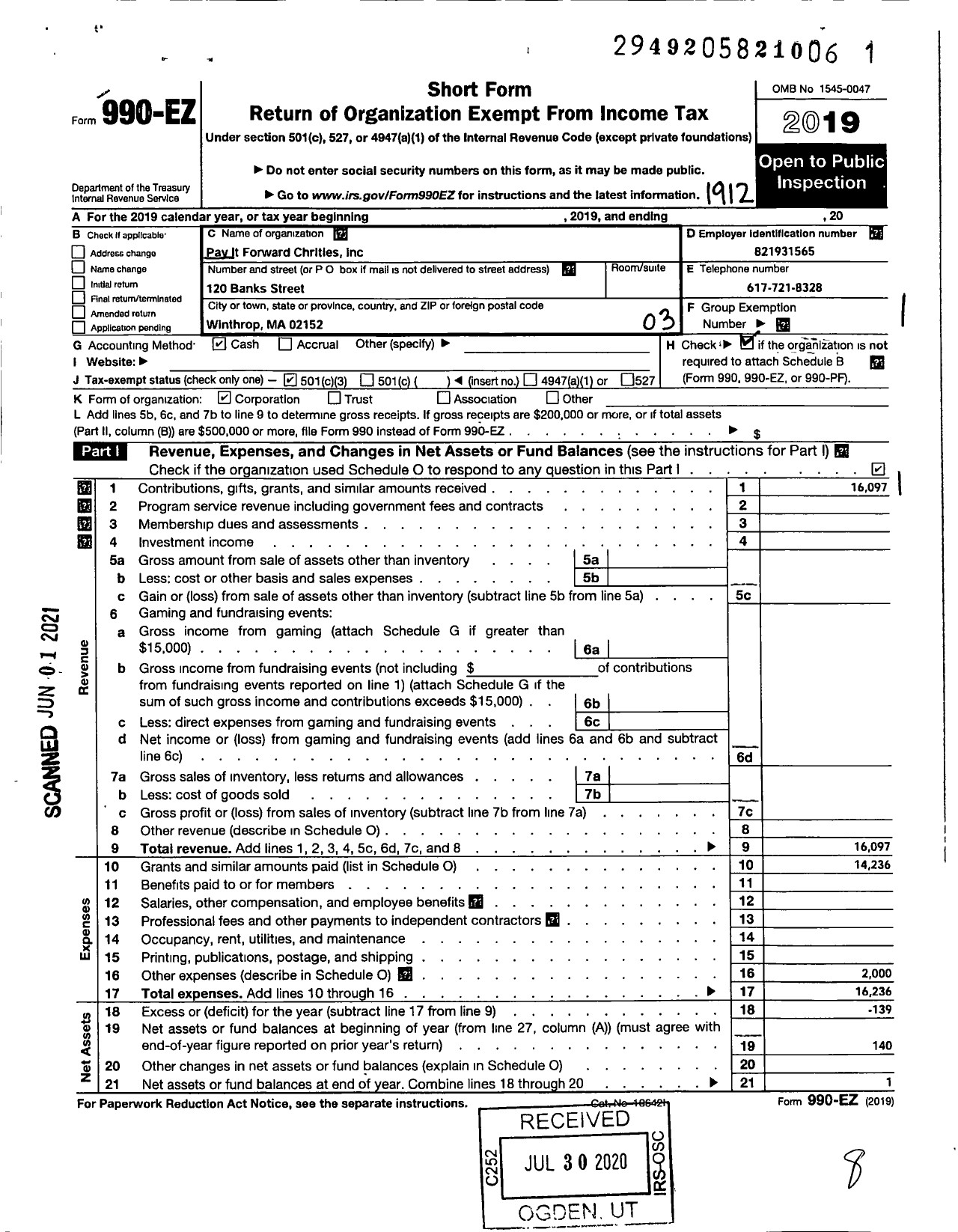 Image of first page of 2019 Form 990EZ for Pay It Forward Charities