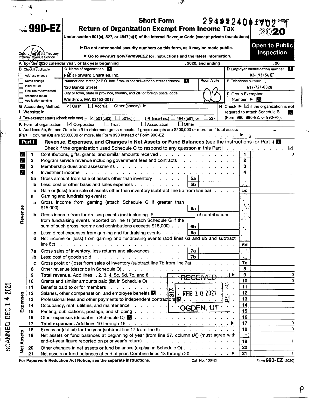 Image of first page of 2020 Form 990EZ for Pay It Forward Charities