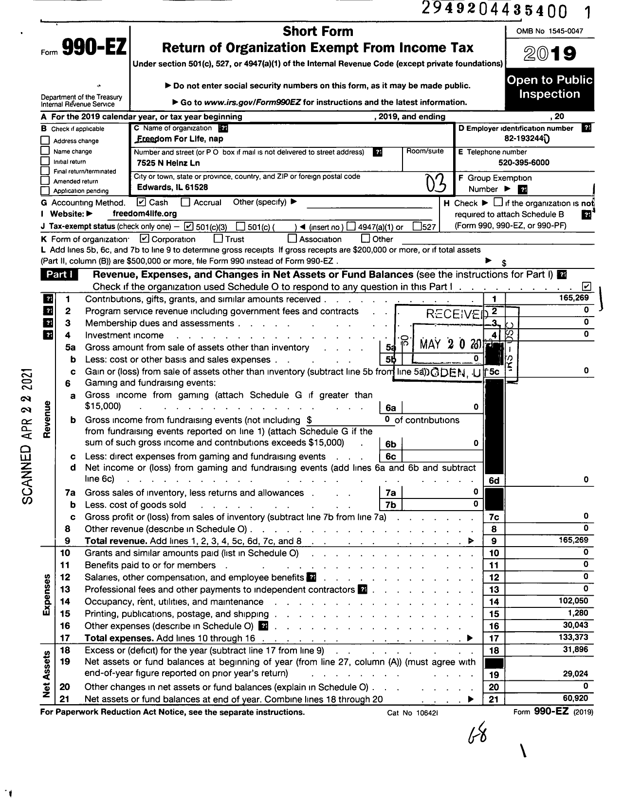 Image of first page of 2019 Form 990EZ for Freedom for Life NFP