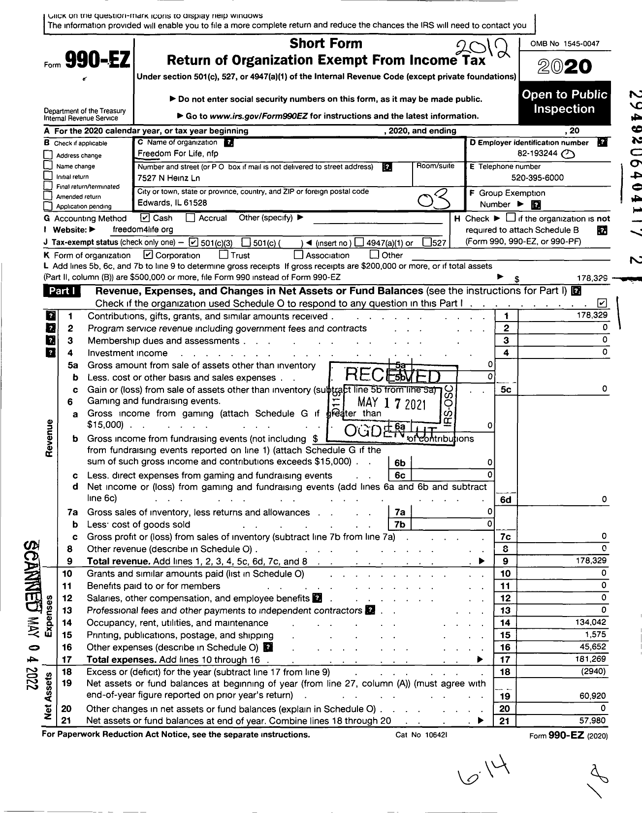 Image of first page of 2020 Form 990EZ for Freedom for Life NFP