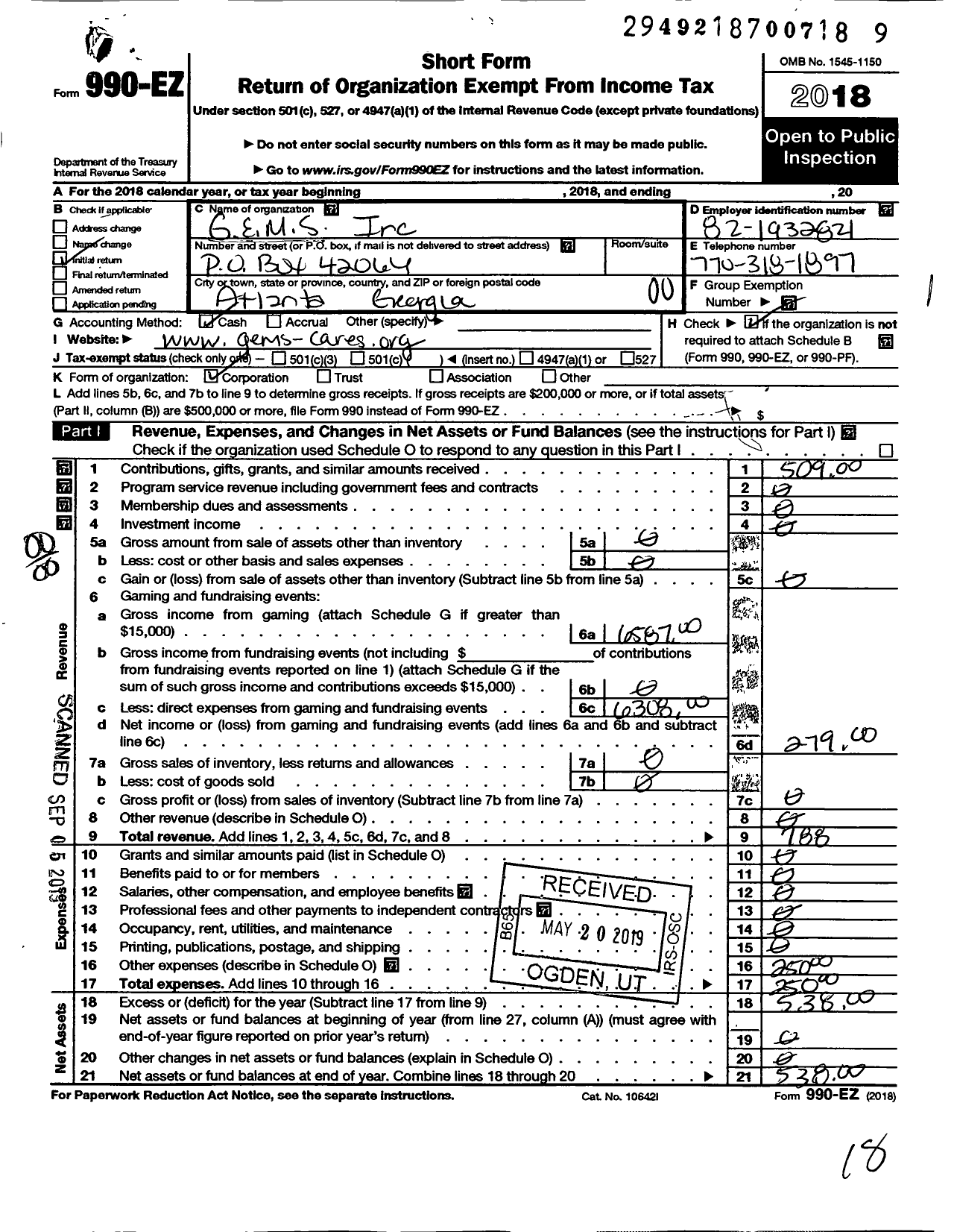 Image of first page of 2018 Form 990EO for Gems