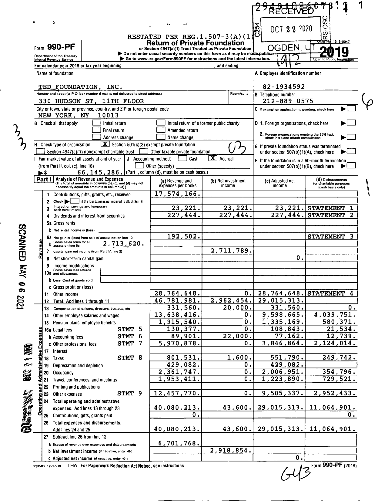 Image of first page of 2019 Form 990PF for Ted Foundation