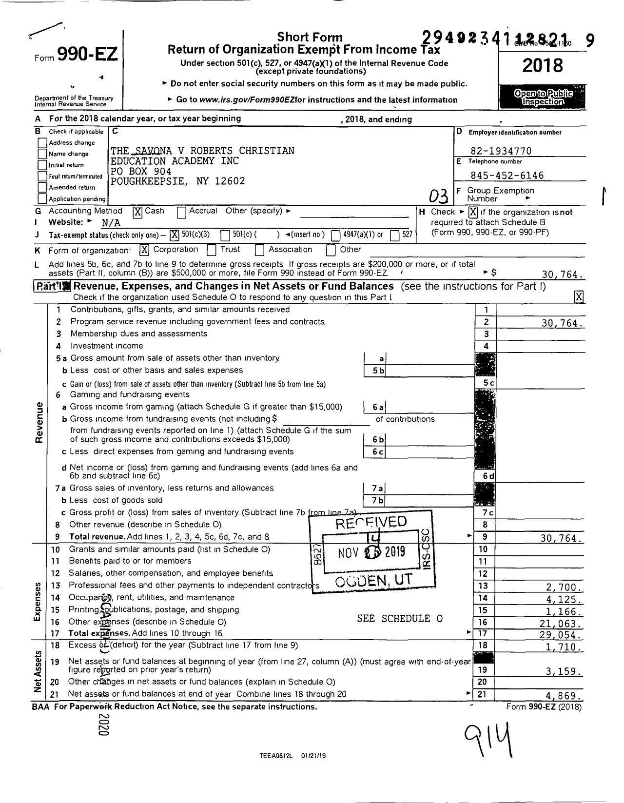 Image of first page of 2018 Form 990EZ for Savona V Roberts Christian Education Academy