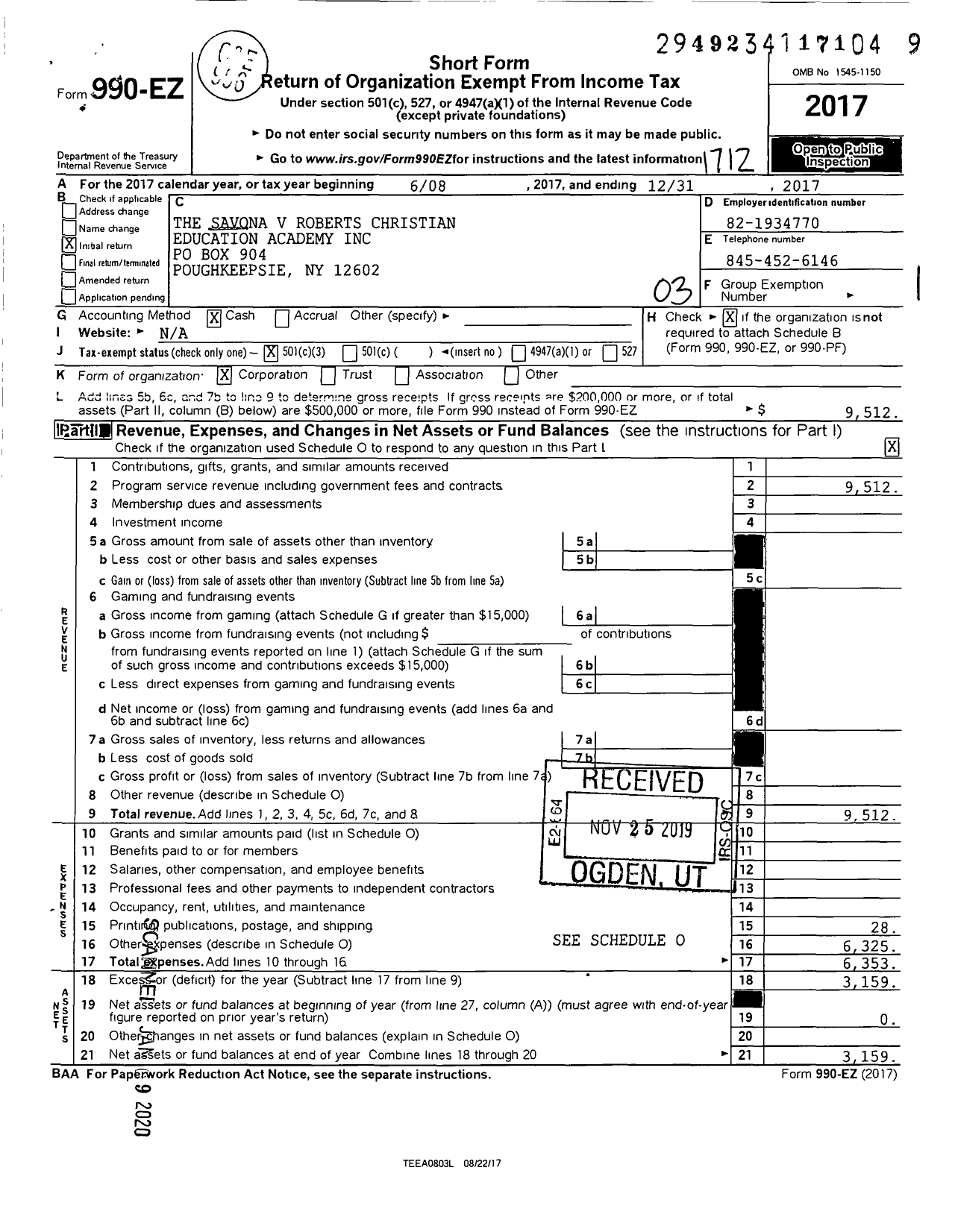 Image of first page of 2017 Form 990EZ for Savona V Roberts Christian Education Academy