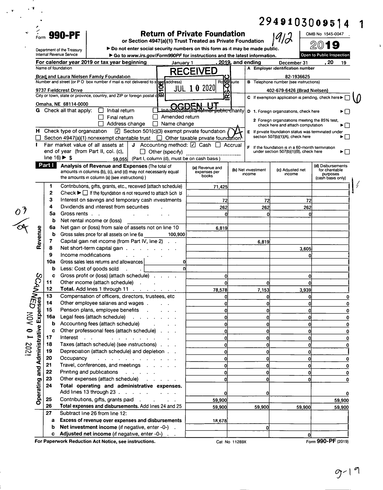 Image of first page of 2019 Form 990PF for Brad and Laura Nielsen Family Foundation