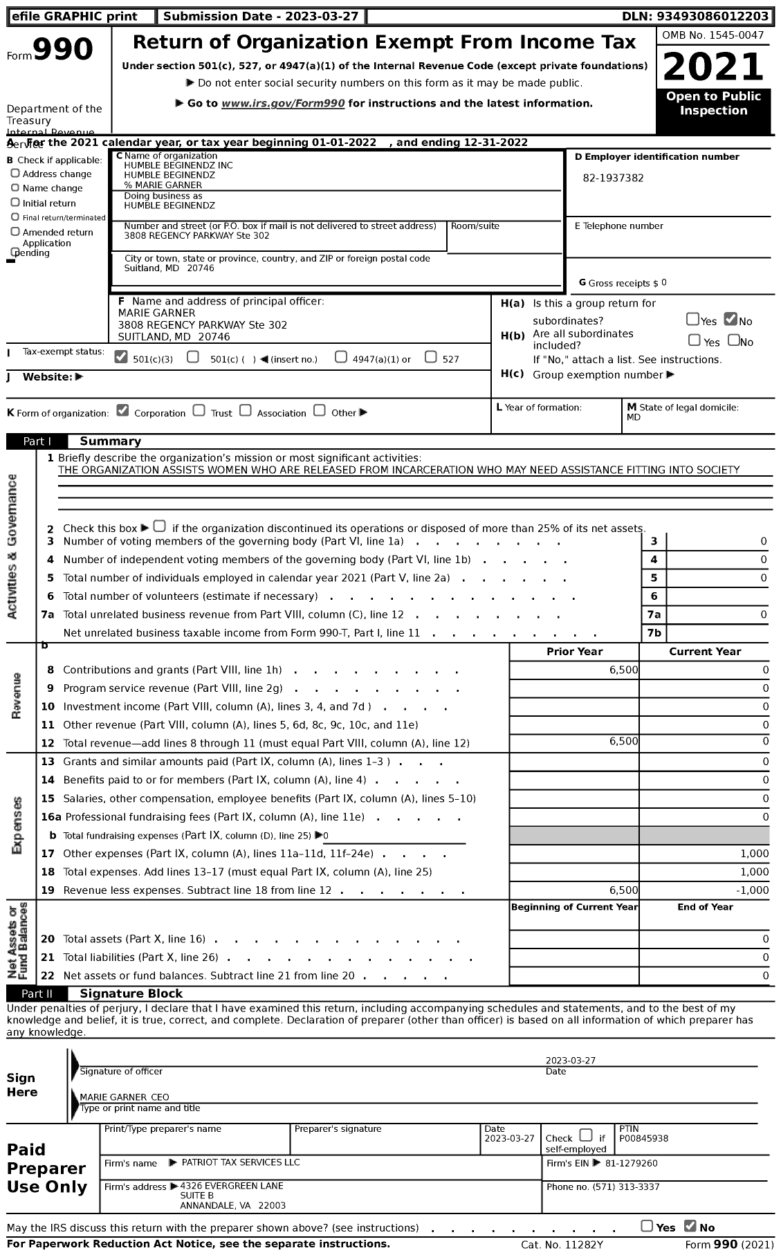 Image of first page of 2022 Form 990 for Humble Beginendz Humble Beginendz