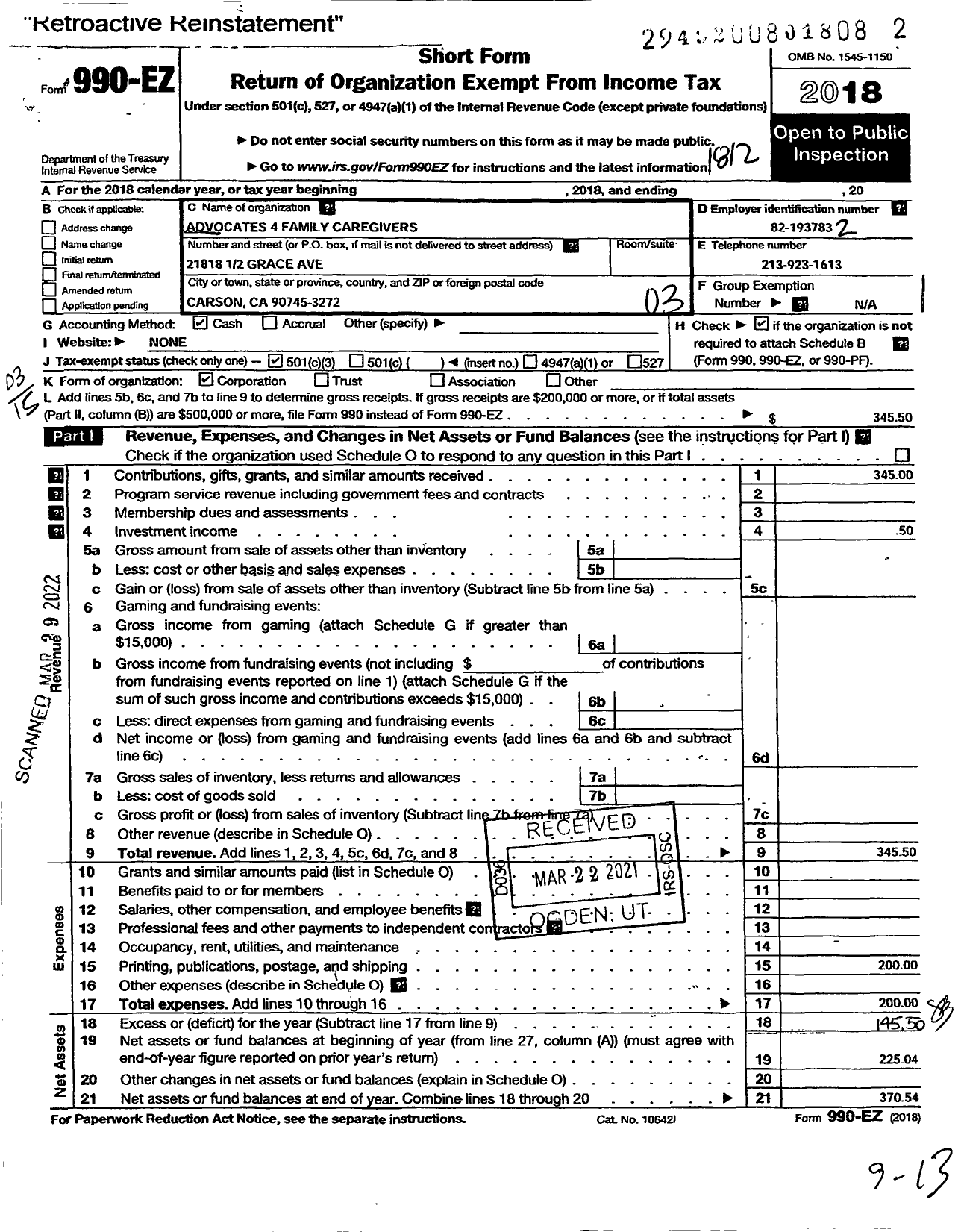 Image of first page of 2018 Form 990EZ for Advocates 4 Family Caregivers