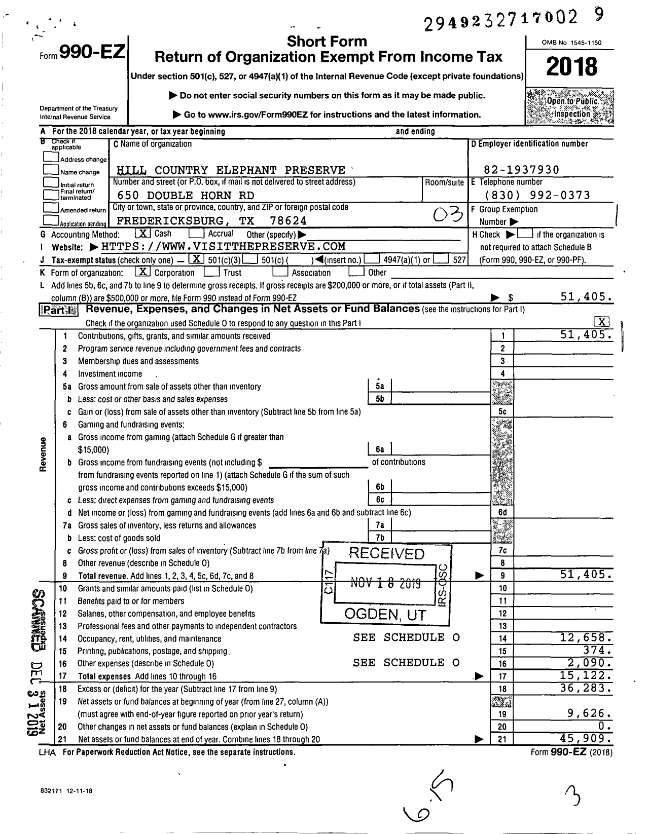 Image of first page of 2018 Form 990EZ for Friends of the Preserve