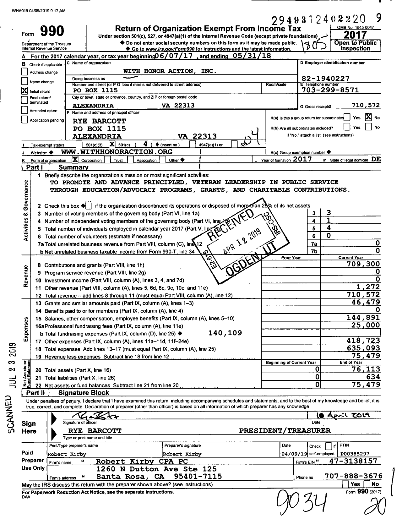 Image of first page of 2017 Form 990O for With Honor Action
