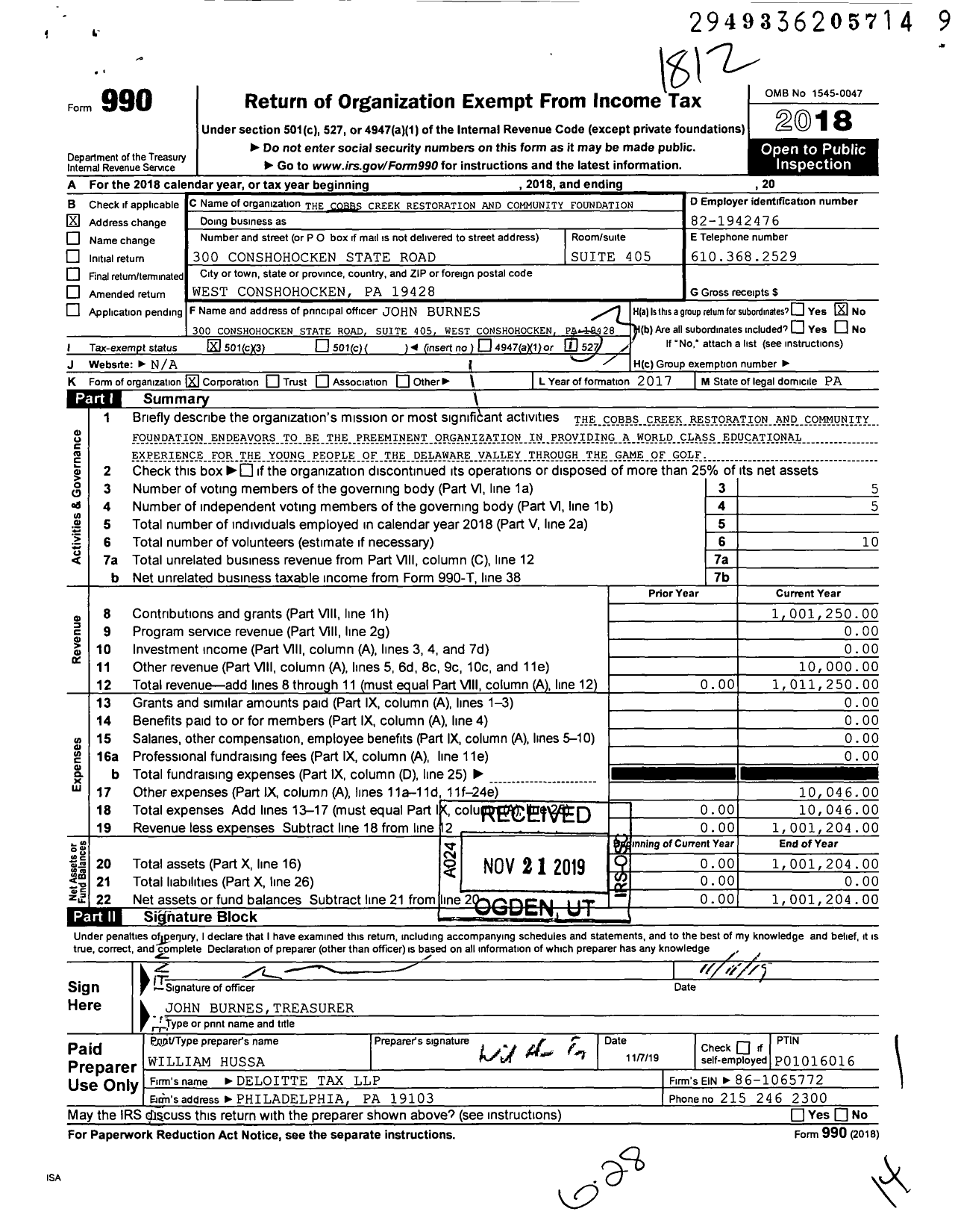 Image of first page of 2018 Form 990 for The Cobbs Creek Restoration and Community Foundation