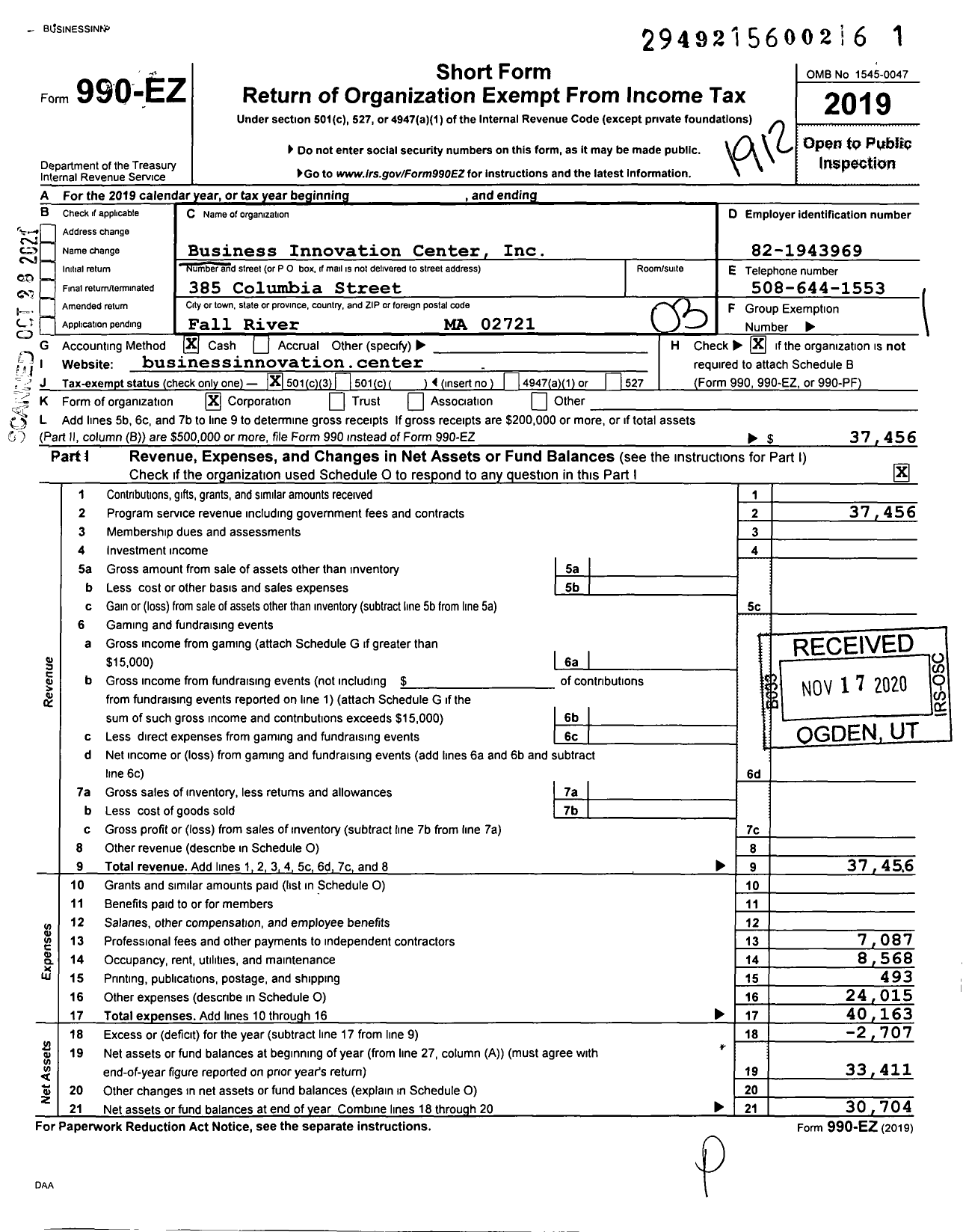 Image of first page of 2019 Form 990EZ for Business Innovation Center