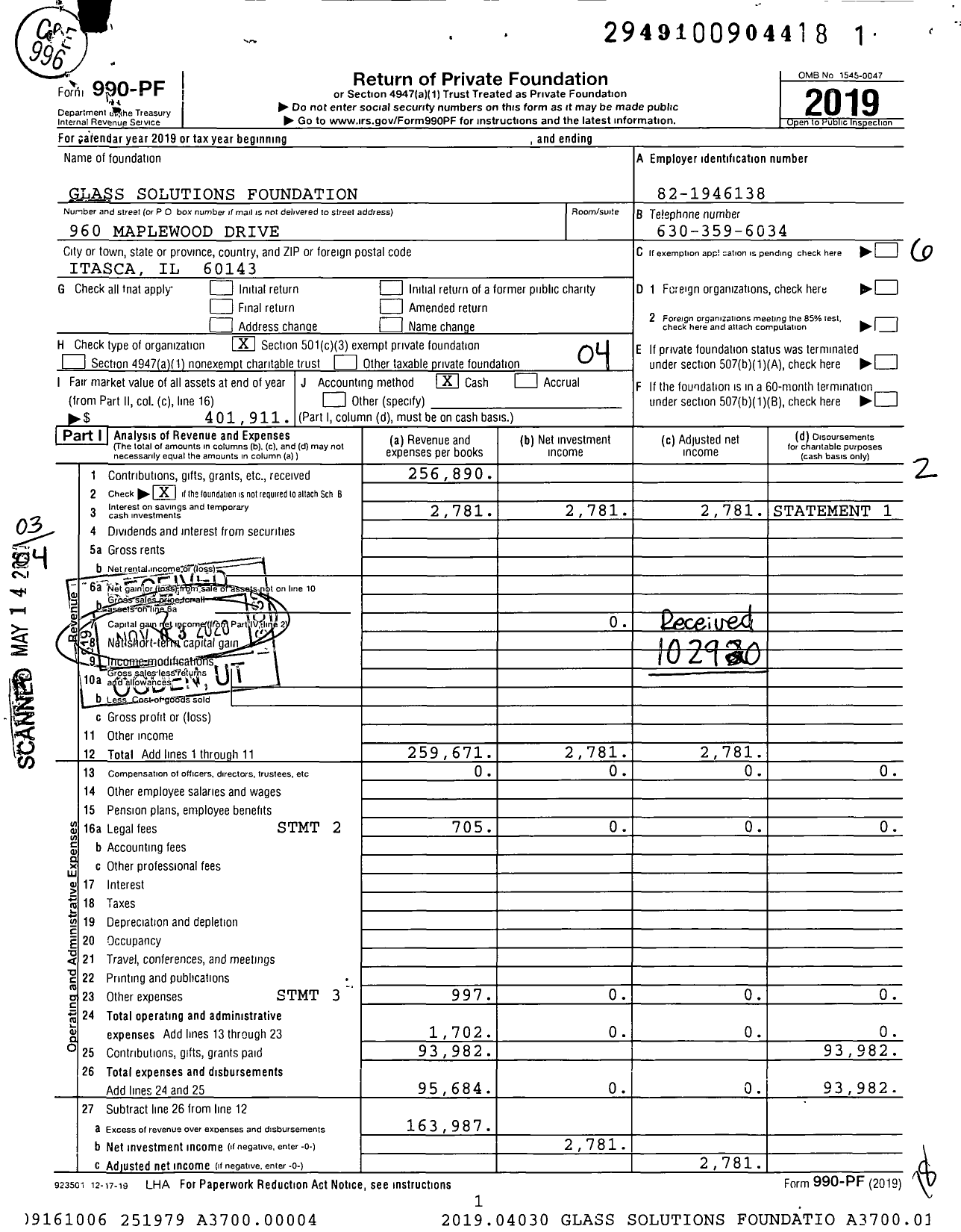 Image of first page of 2019 Form 990PF for Glass Solutions Foundation